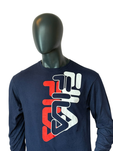 FILA T-Shirt Logo Manches Longues Style Rétro Sportswear Bleu Marine Y2K Streetwear Taille L
