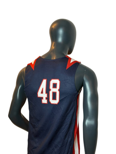 Maillot de basket style vintage sport bleu marine rouge blanc numéro 48 taille S
