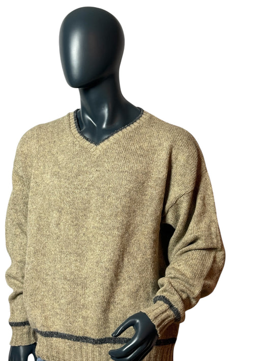 Vintage Strickpullover Beige, V-Neck, Retro Knit Sweater 90s Classic