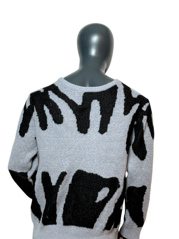 Pull tricoté vintage abstrait gris/noir, motif, années 90, unisexe, taille L