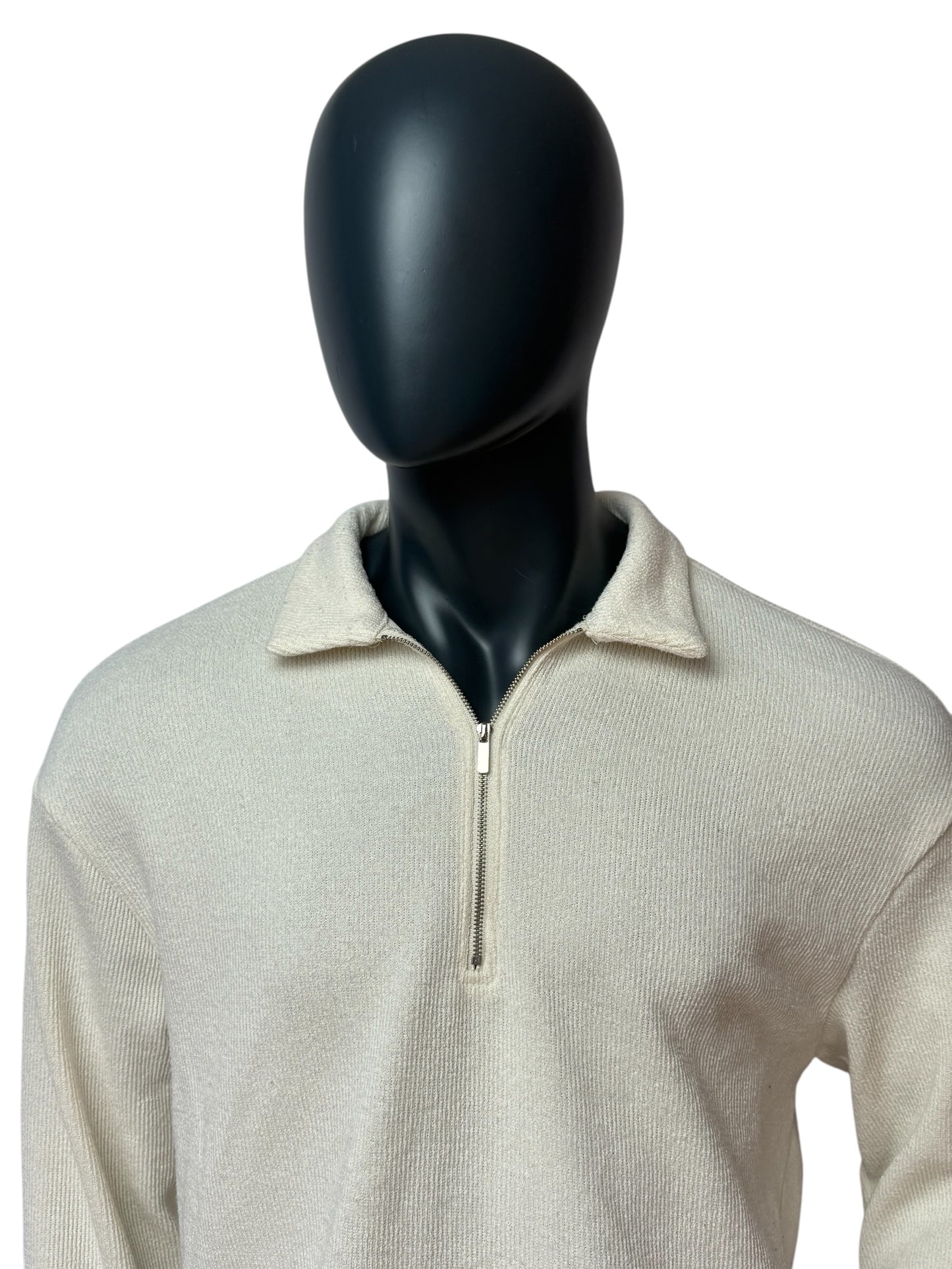 Vintage Half Zip Knit Sweater, Minimal Clean, Beige/Cream, 90s Retro Style, Size L