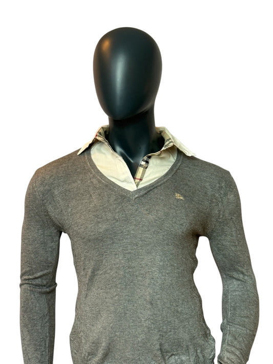 BURBERRY Vintage Style Knit Sweater Grey V Neck Women Size M
