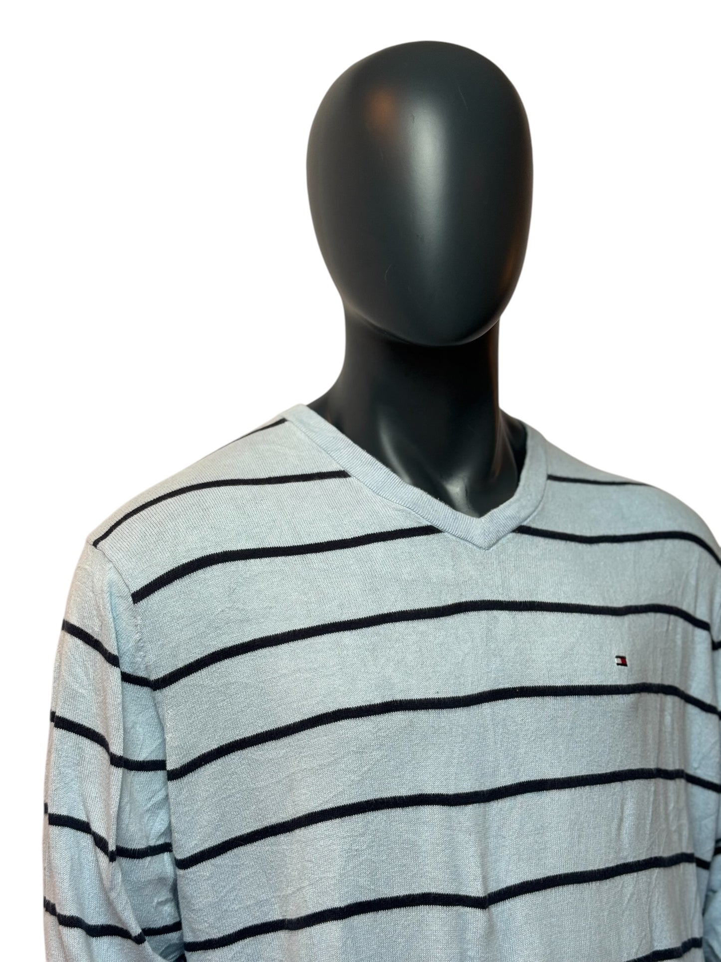 TOMMY HILFIGER Vintage Sweater Grau Streifen V-Neck Size XL