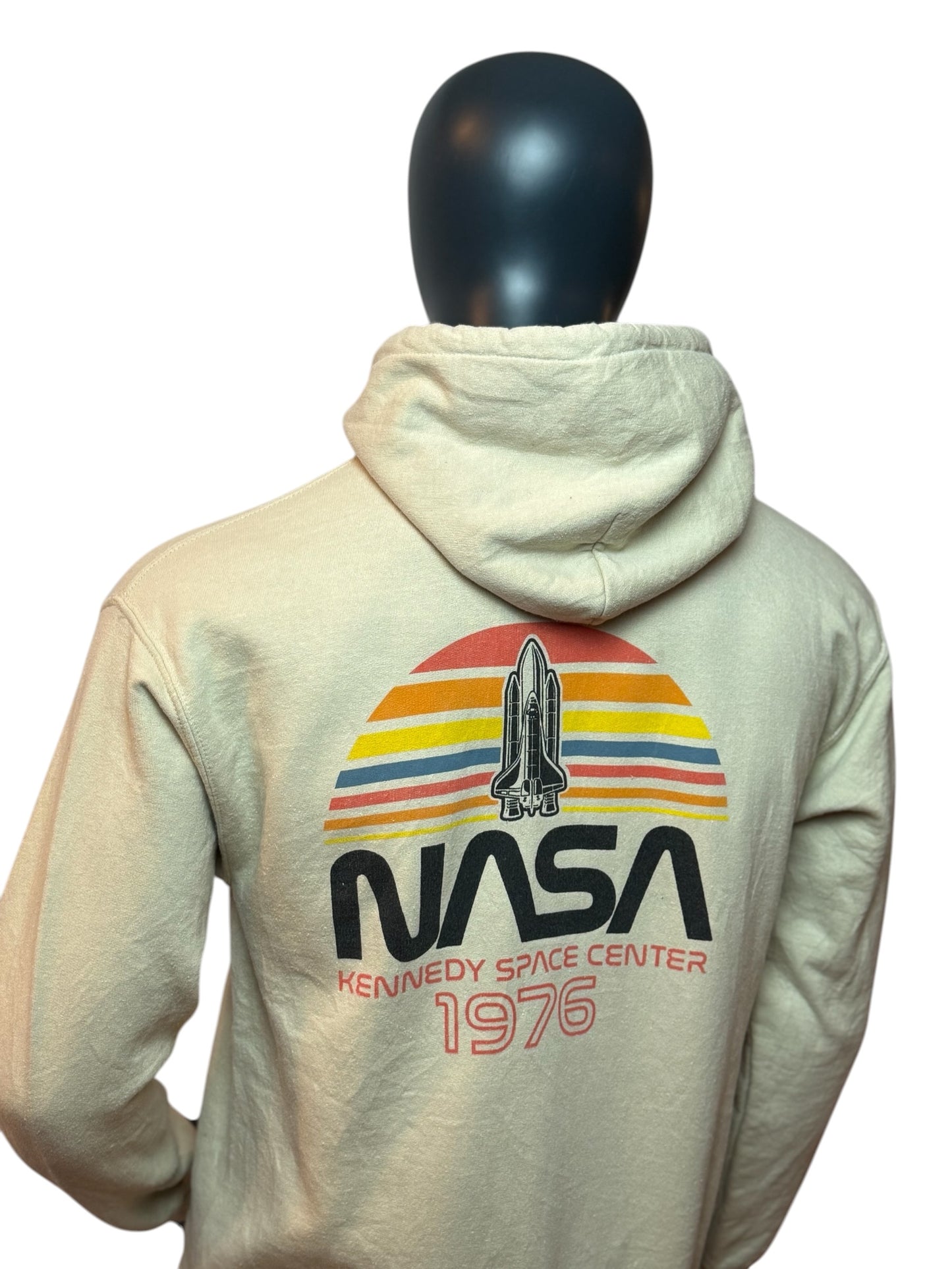 Vintage NASA Hoodie Beige 1976 Print Space Retro Streetwear Size L