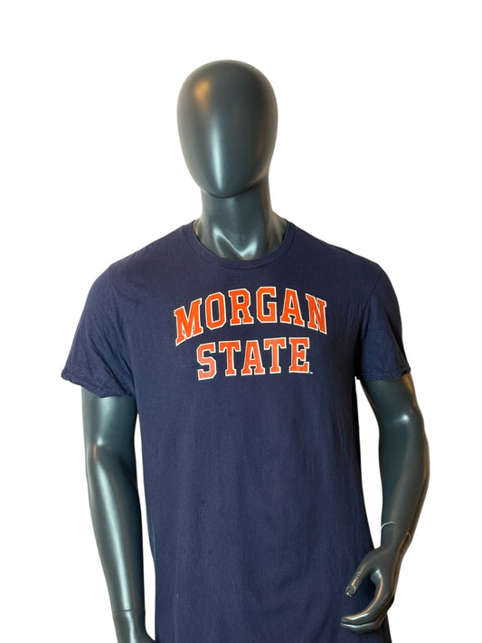 Morgan State College T Shirt Navy Blue Orange Print Retro Vintage Campus Style