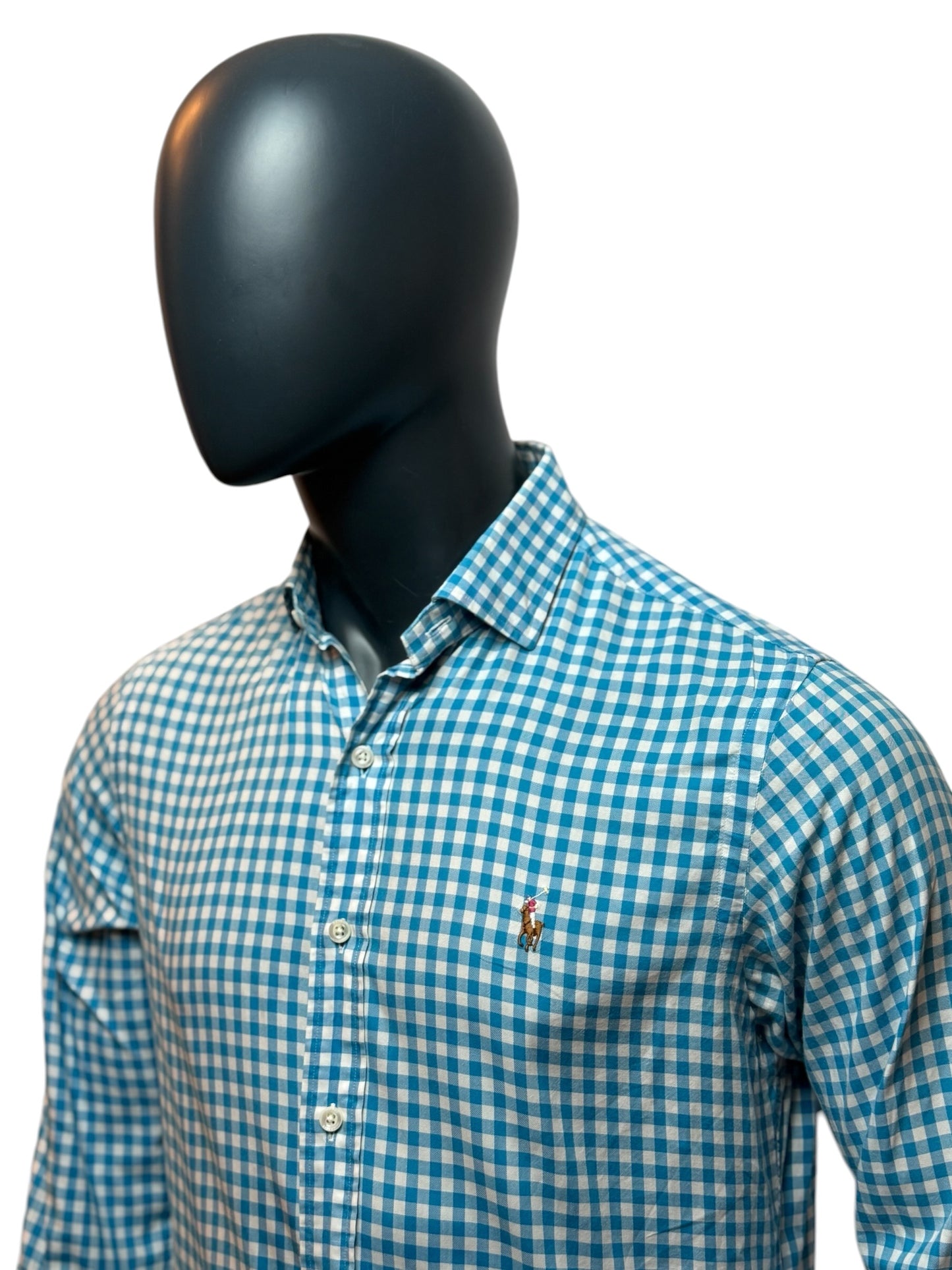 Ralph Lauren Gingham Shirt Blue White Slim Fit Button Up Classic Size M