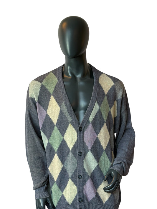 Monello Argyle Cardigan Grey Knit Sweater Vintage Style