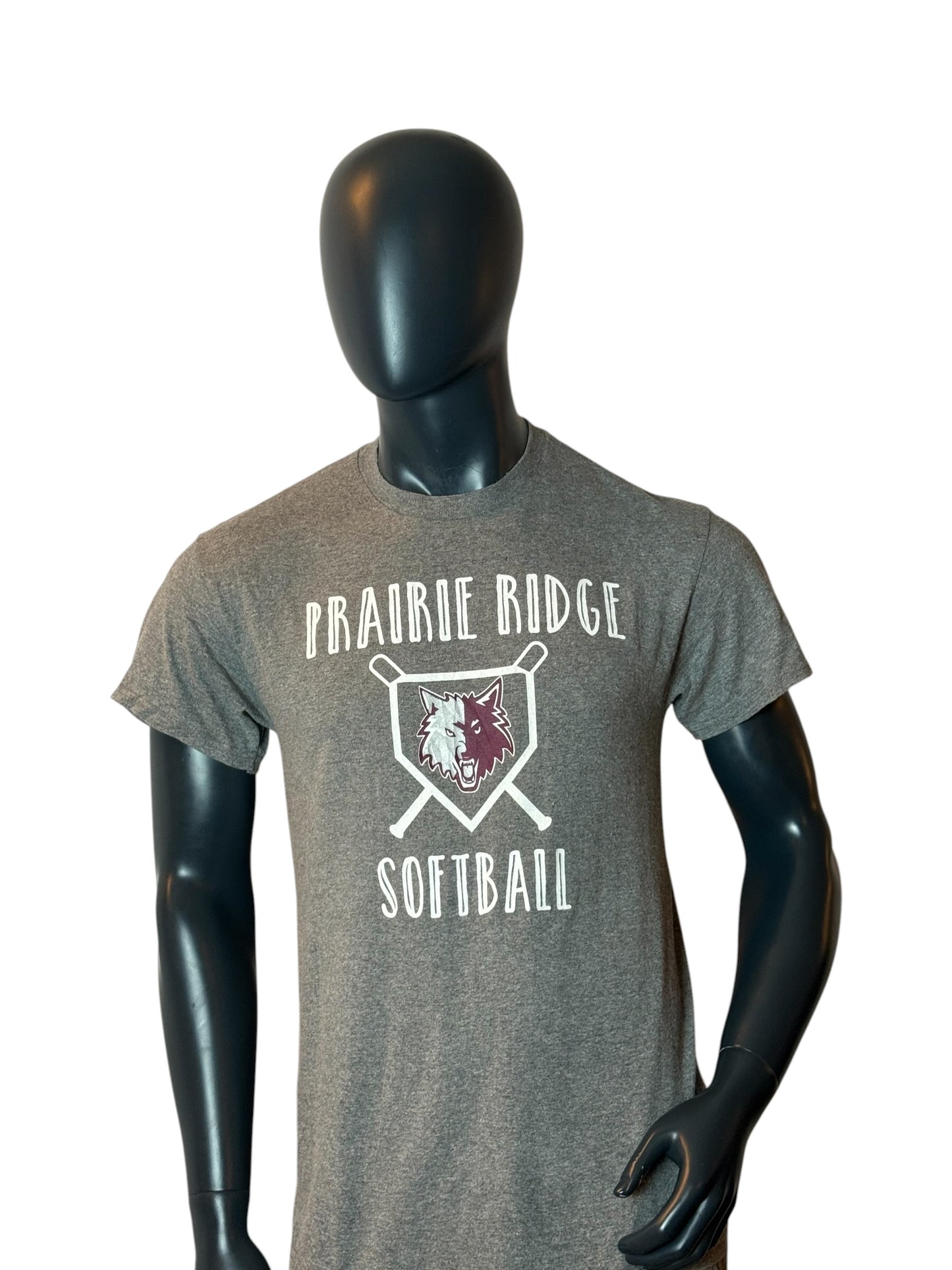 Vintage Prairie Ridge Softball Graphic T Shirt Grey Wolf Logo Size M