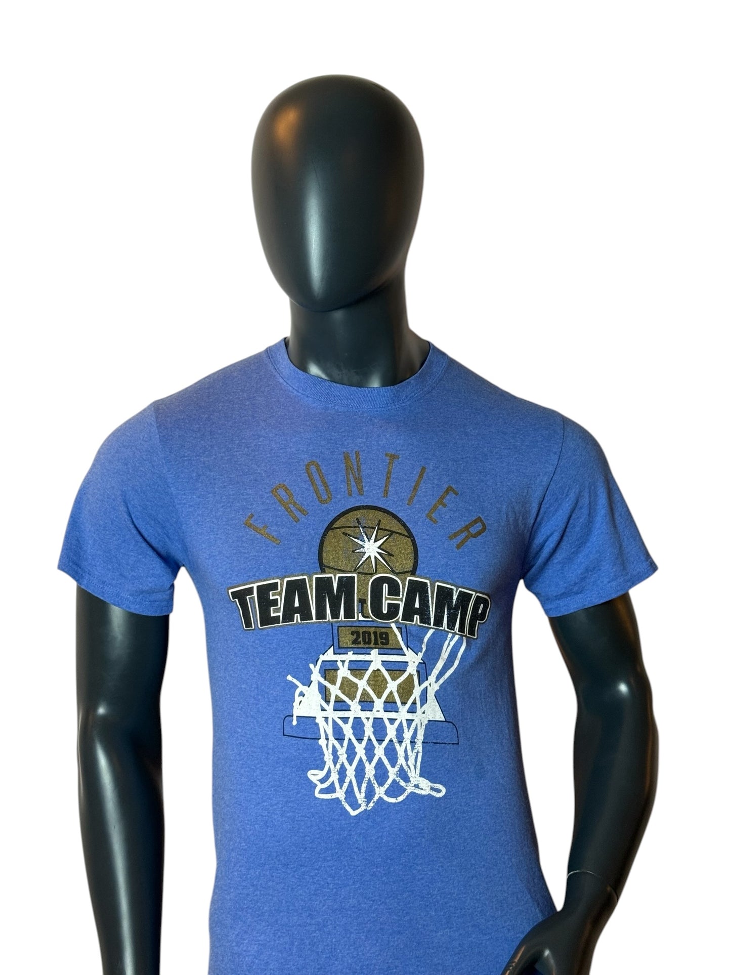 Vintage Frontier Team Camp Basketball T Shirt Blue Size S Retro College Style
