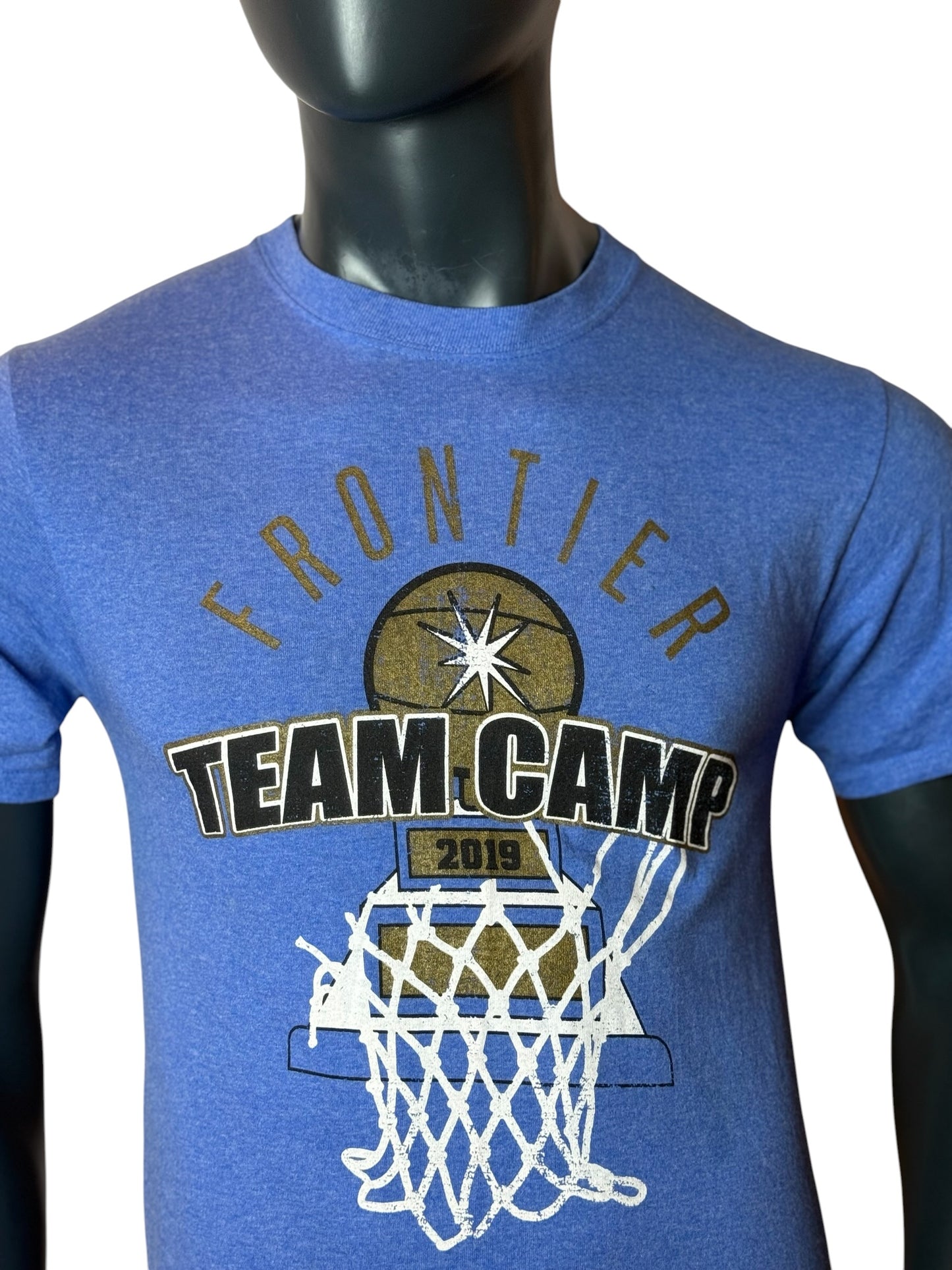 Vintage Frontier Team Camp Basketball T Shirt Blue Size S Retro College Style