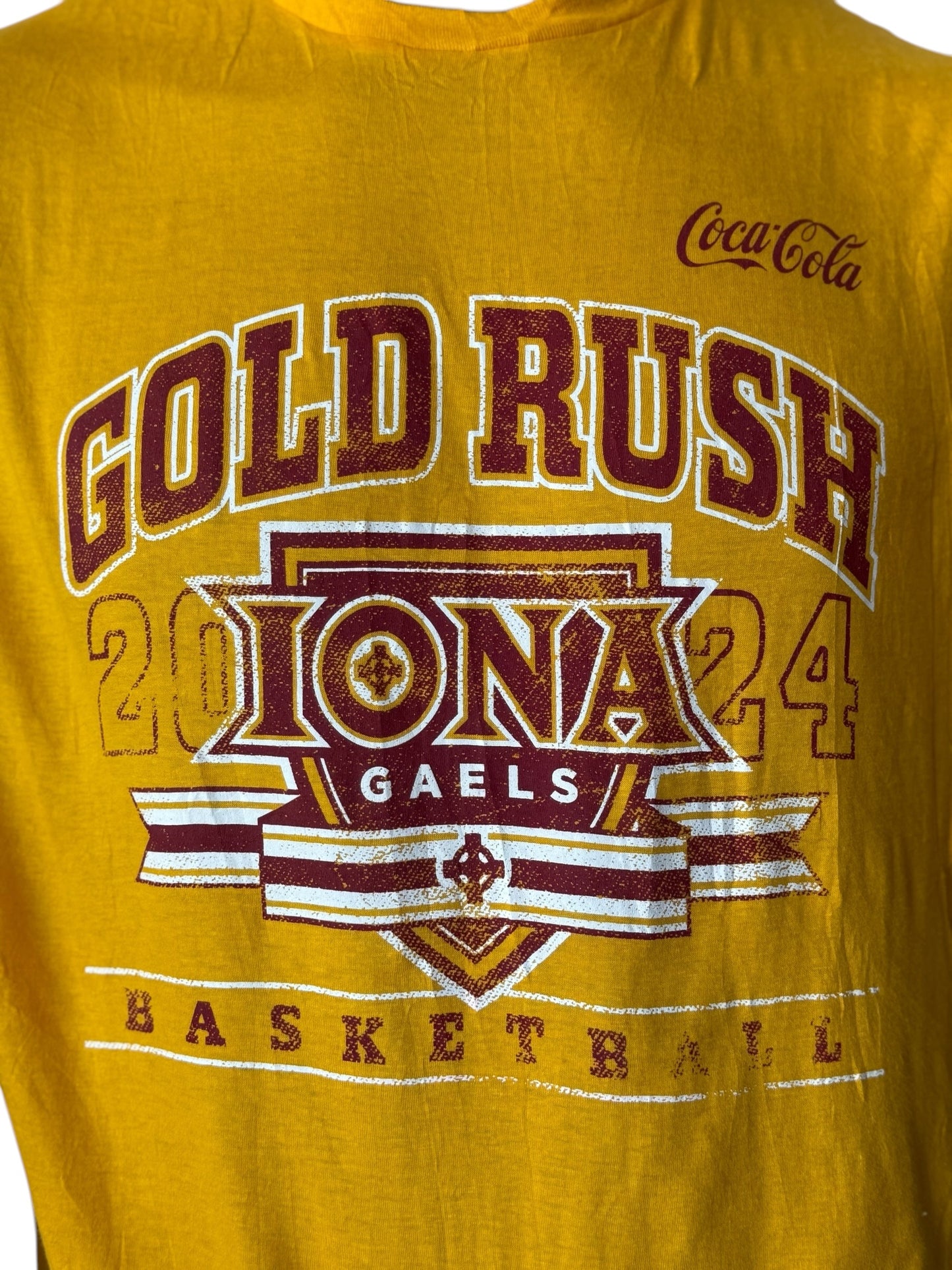 Vintage Coca Cola Iona Gaels Gold Rush Basketball T Shirt Gelb NCAA Size L