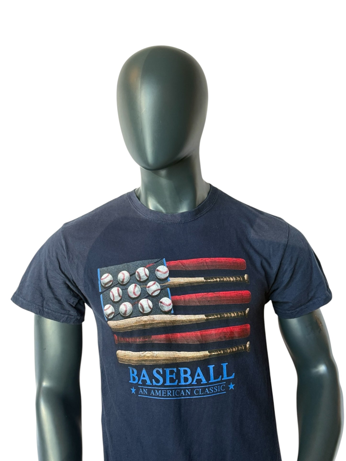 Vintage Baseball USA Flag T Shirt Navy Graphic Print Size M