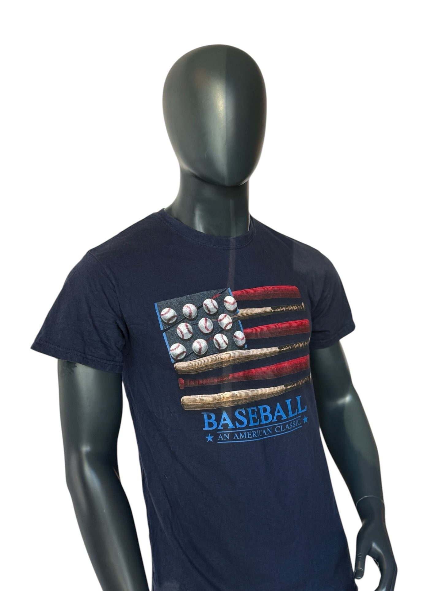 Vintage Baseball USA Flag T Shirt Navy Graphic Print Size M