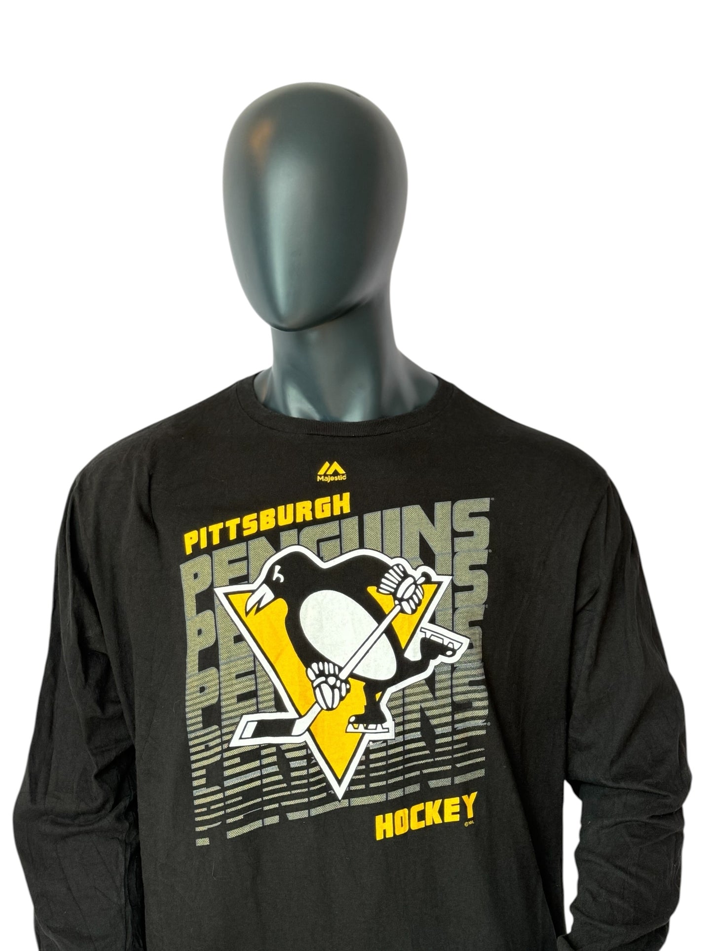 Majestic Pittsburgh Penguins Longsleeve T Shirt Vintage Style Retro NHL Hockey Tee Black Size XXL