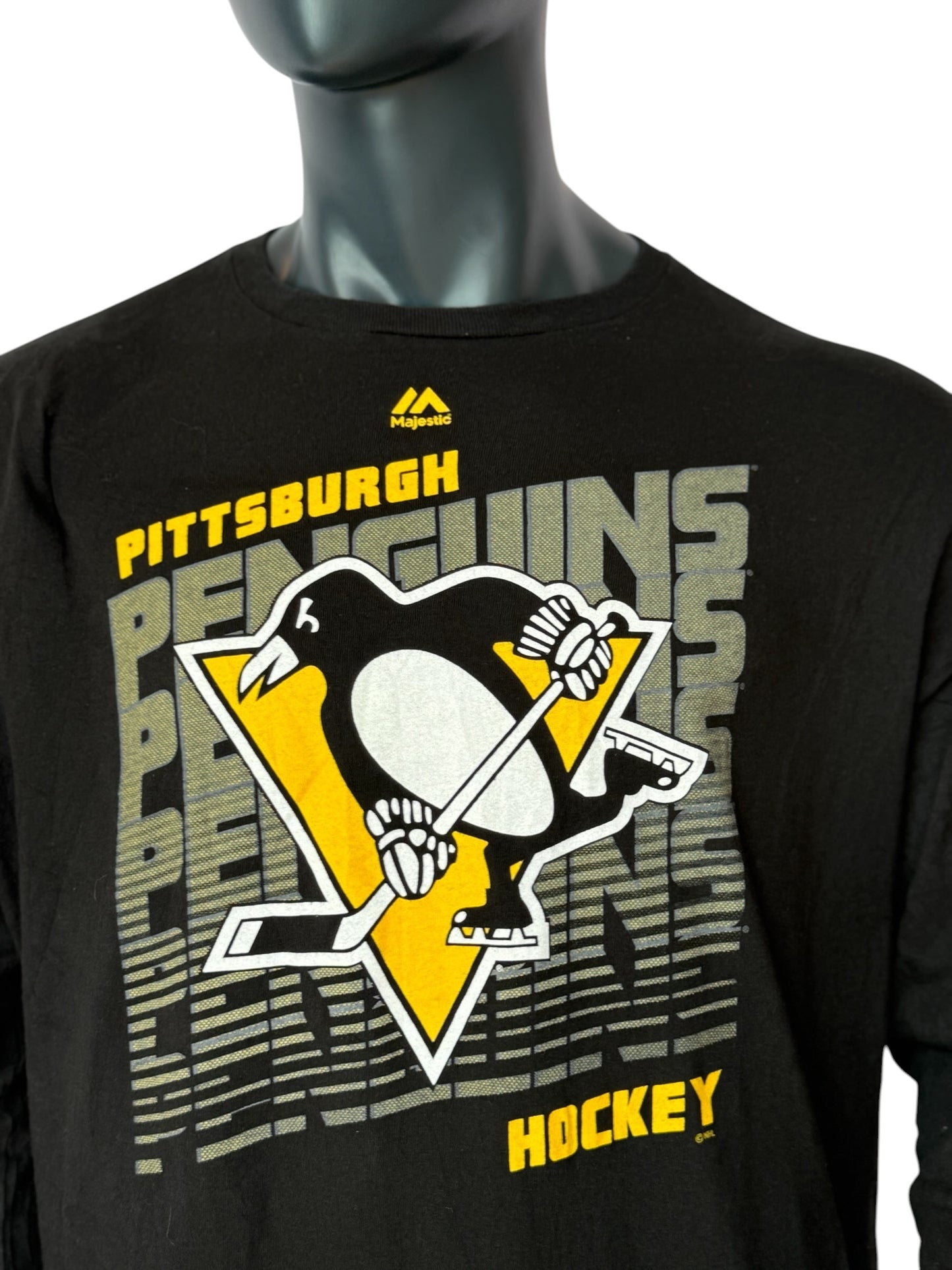 Majestic Pittsburgh Penguins Longsleeve T Shirt Vintage Style Retro NHL Hockey Tee Black Size XXL