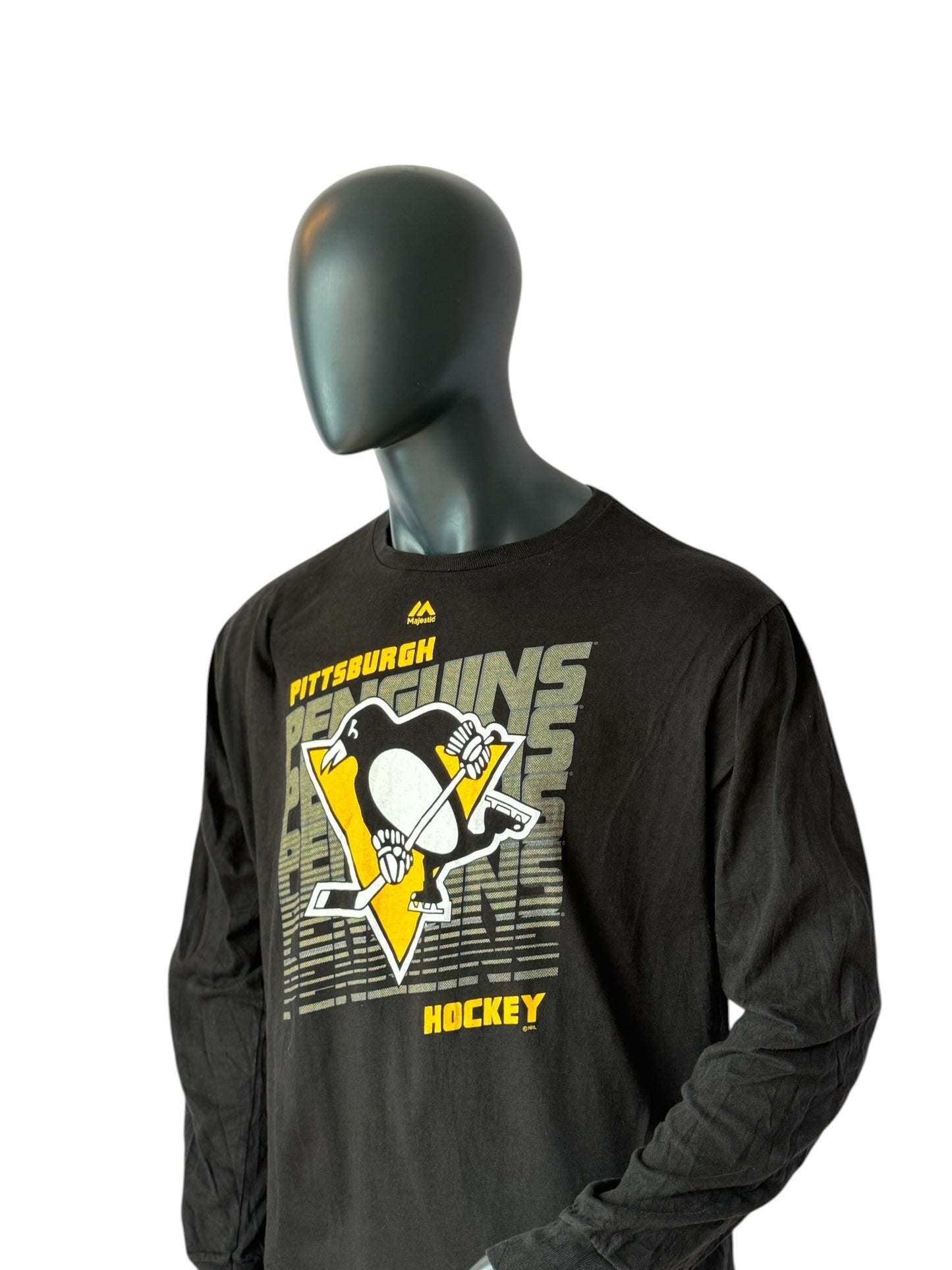 Majestic Pittsburgh Penguins Longsleeve T Shirt Vintage Style Retro NHL Hockey Tee Black Size XXL