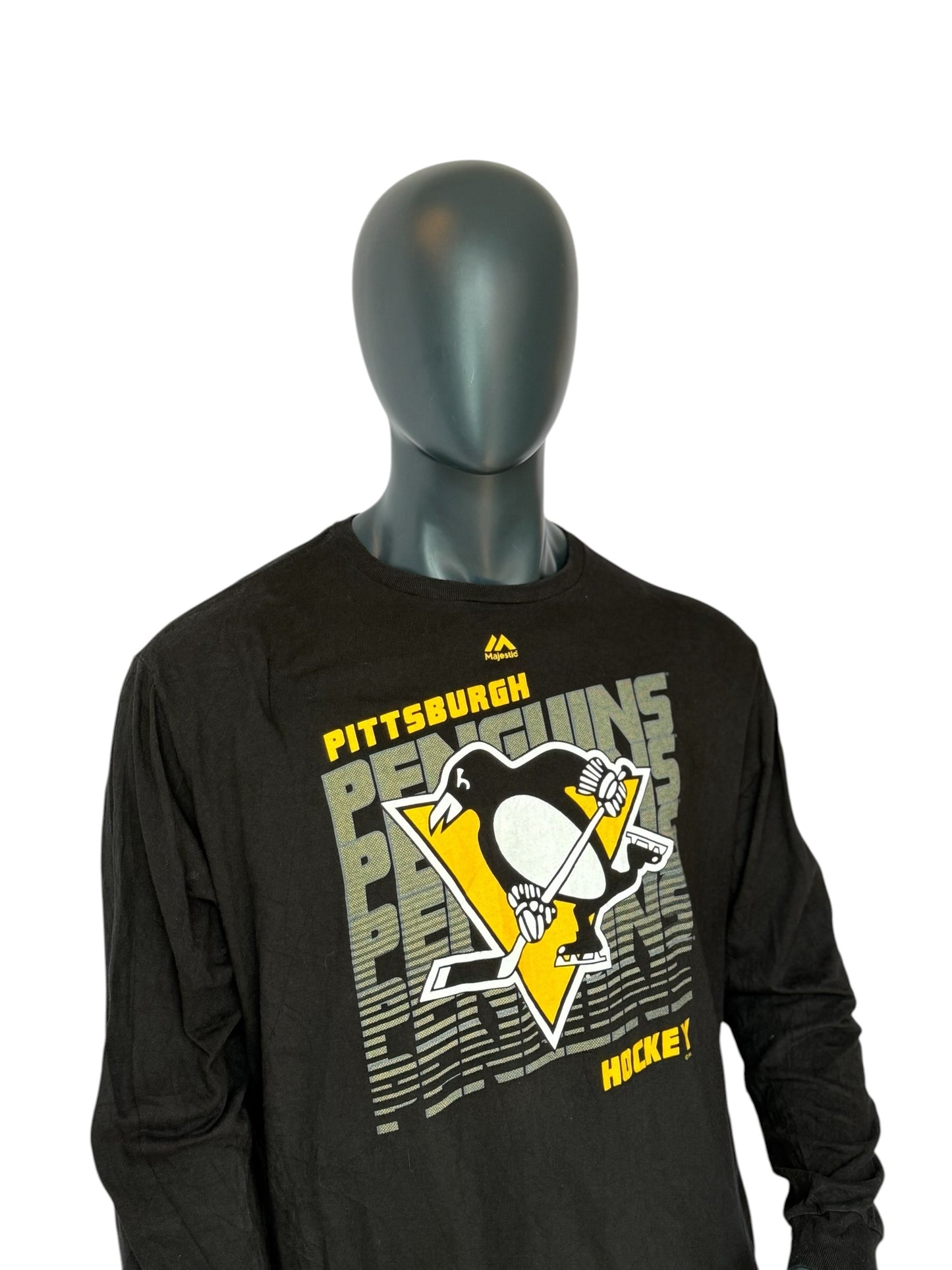 Majestic Pittsburgh Penguins Longsleeve T Shirt Vintage Style Retro NHL Hockey Tee Black Size XXL