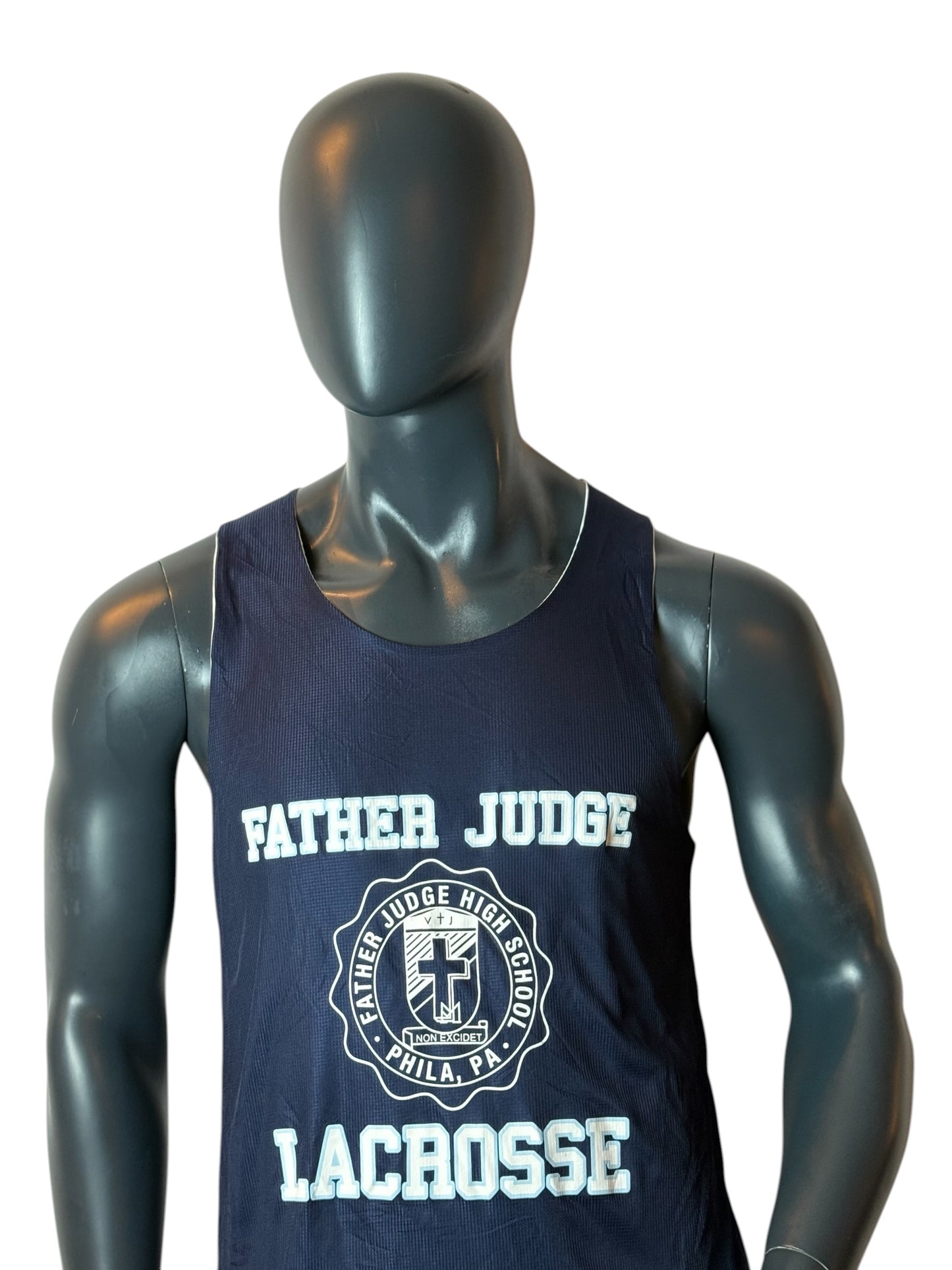 Father Judge Lacrosse Retro Jersey Navy Number 10 Larmour Size M