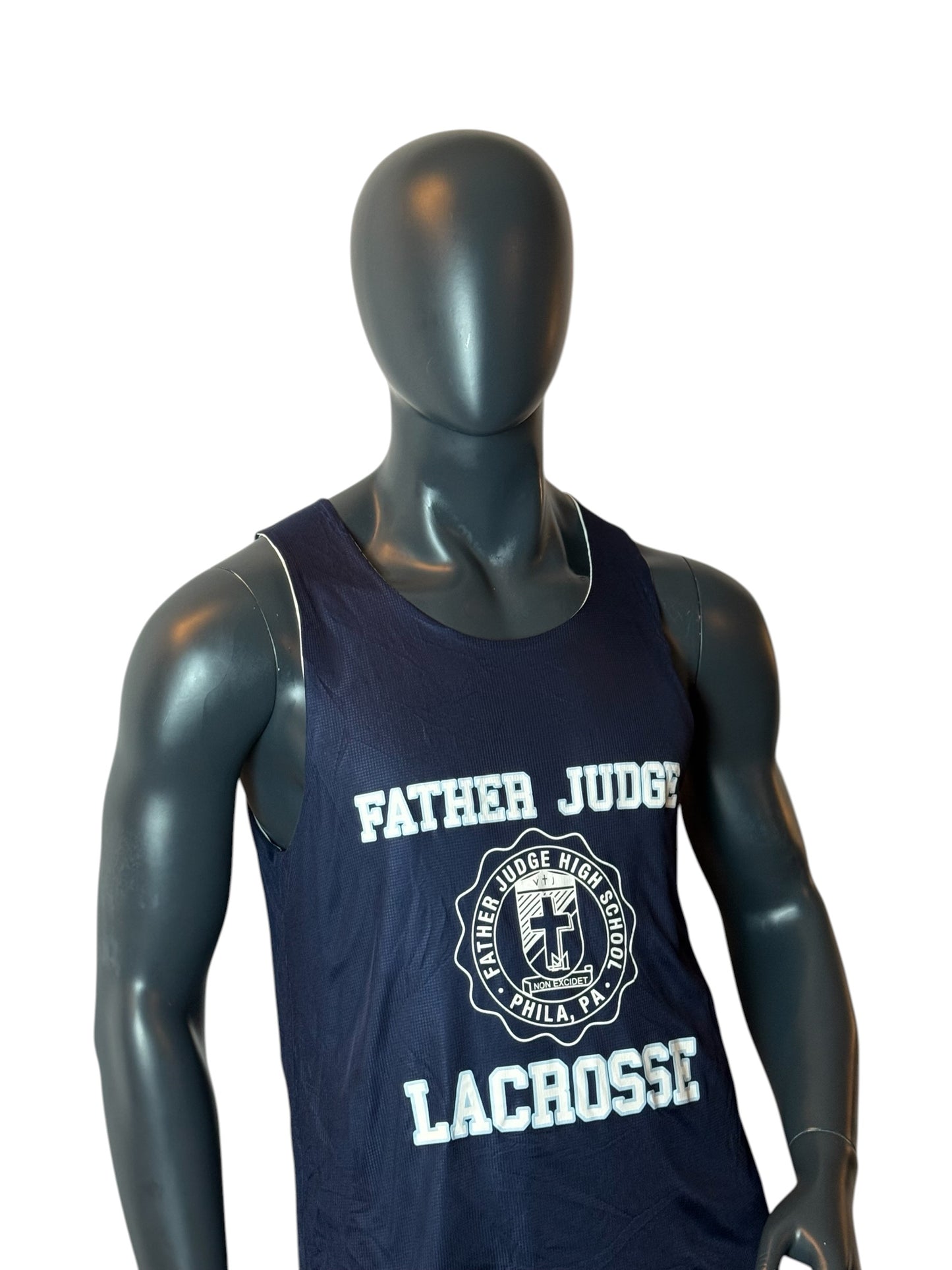 Father Judge Lacrosse Retro Jersey Navy Number 10 Larmour Size M