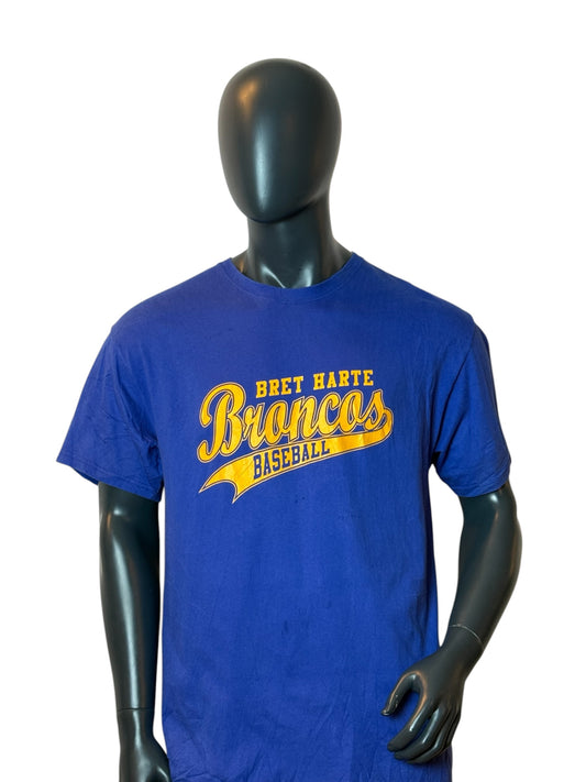 Bret Harte Broncos Baseball T-Shirt Blue Vintage School Sports Tee Size L