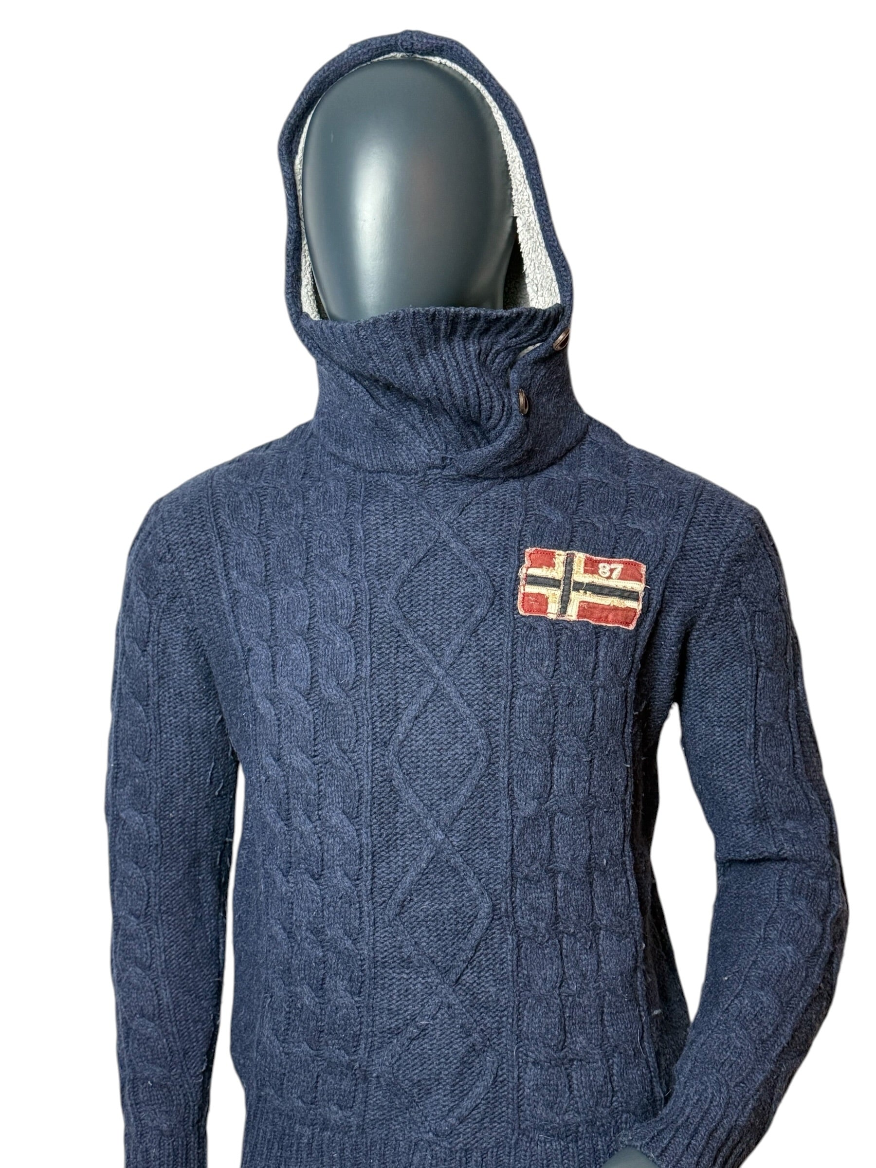Vintage Strick Hoodie, Navy Blau, Norwegen Flagge, Retro Knit Pullover