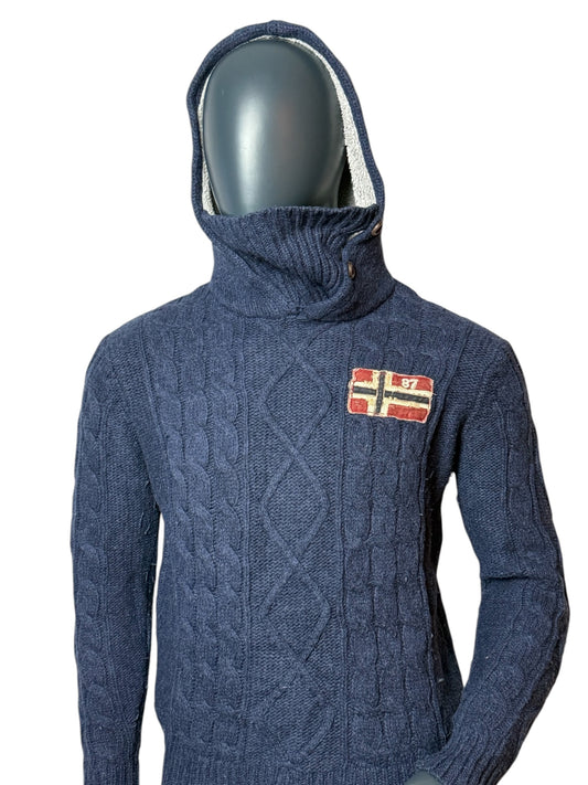 Vintage Strick Hoodie, Navy Blau, Norwegen Flagge, Retro Knit Pullover