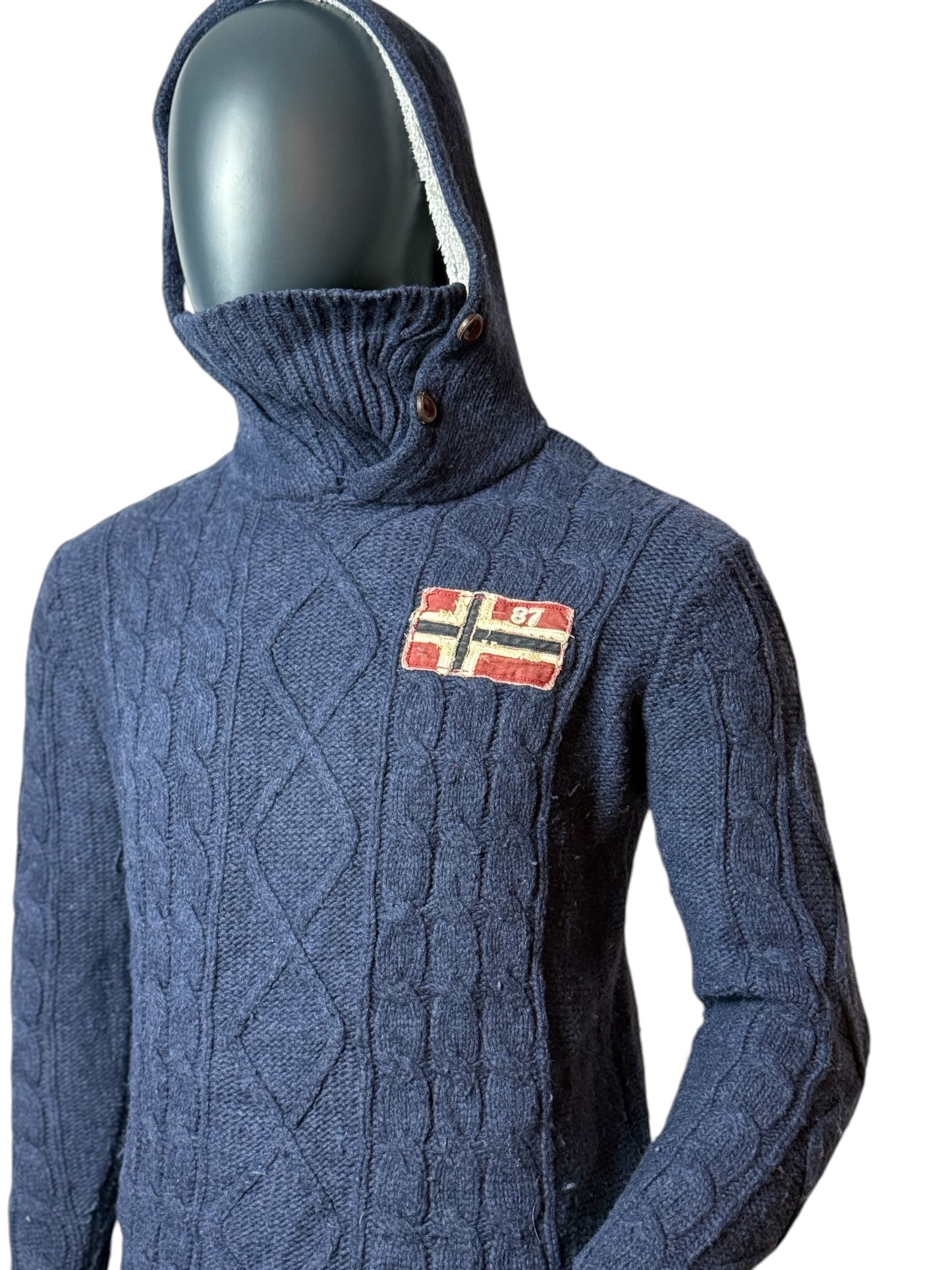 Vintage Strick Hoodie, Navy Blau, Norwegen Flagge, Retro Knit Pullover Size M