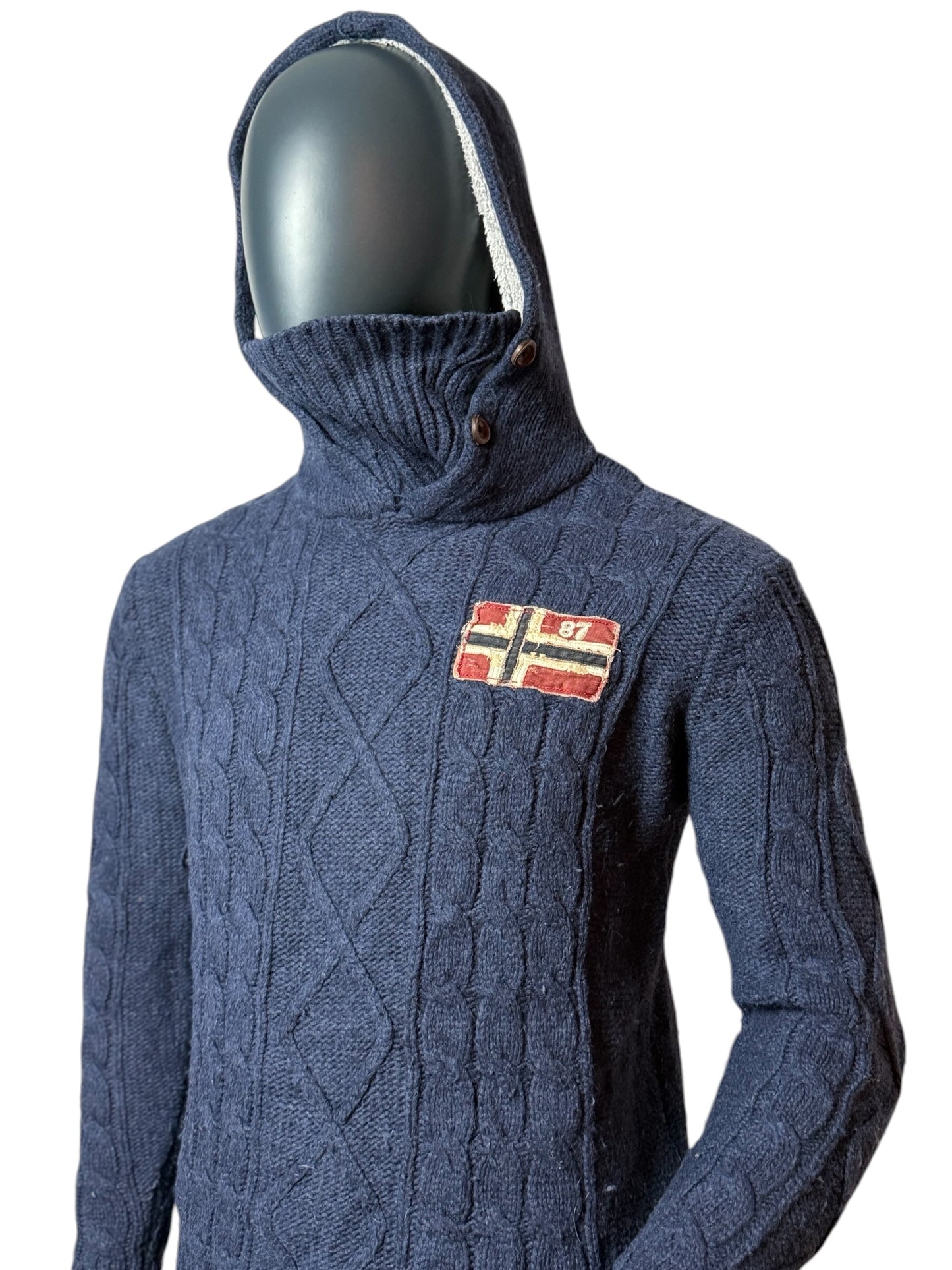 Vintage Strick Hoodie, Navy Blau, Norwegen Flagge, Retro Knit Pullover Size M