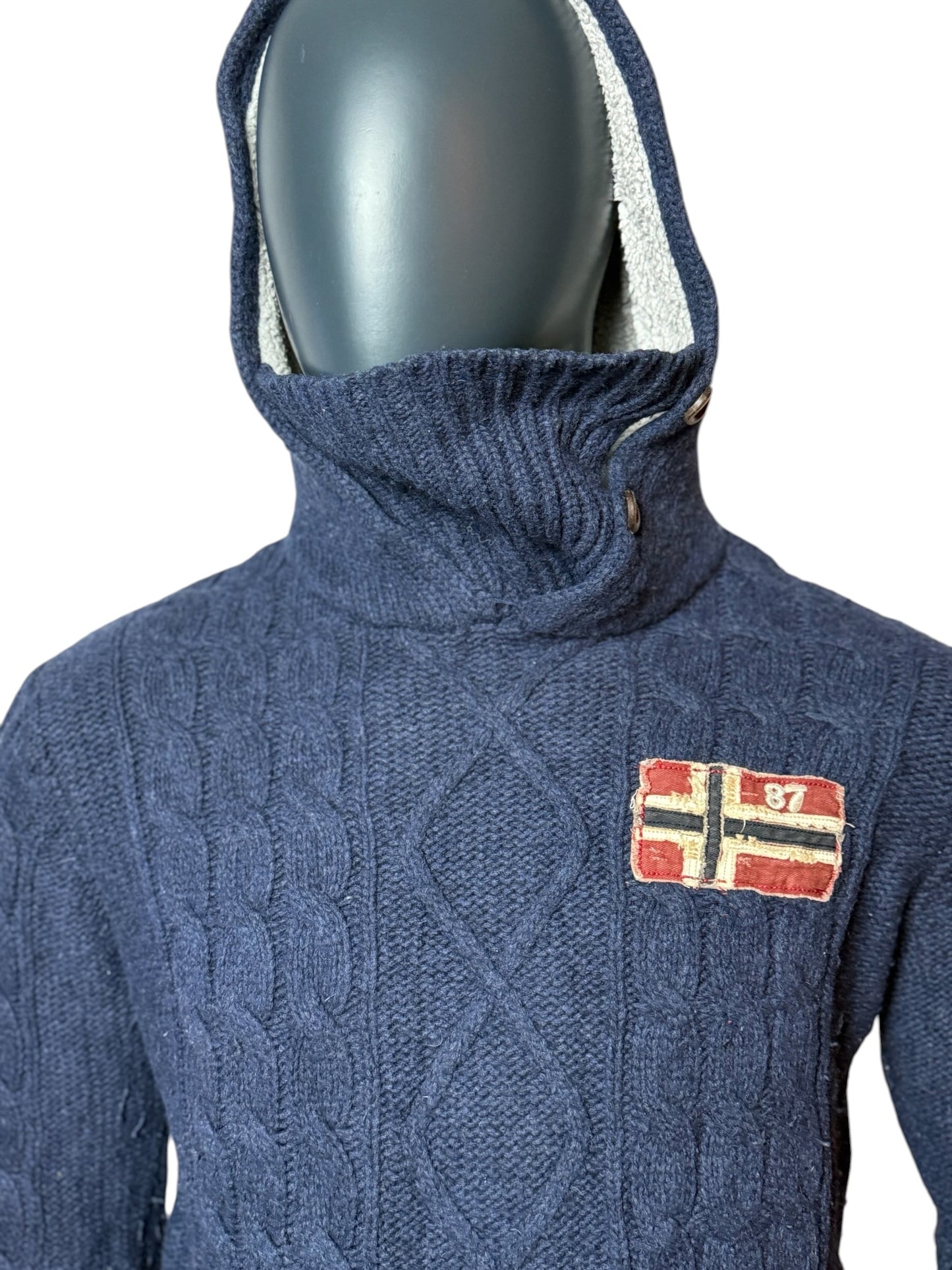 Vintage Strick Hoodie, Navy Blau, Norwegen Flagge, Retro Knit Pullover Size M