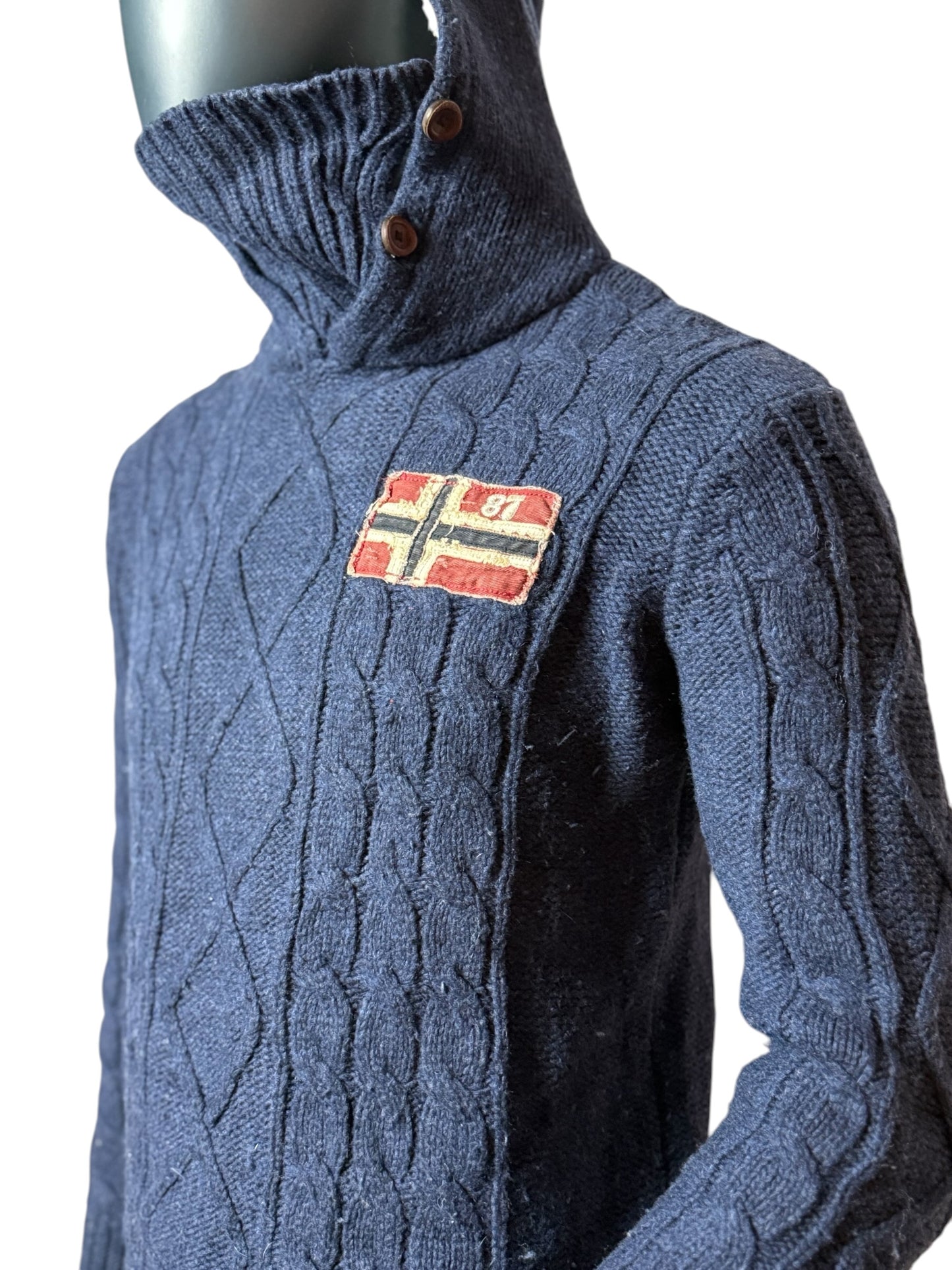 Vintage Strick Hoodie, Navy Blau, Norwegen Flagge, Retro Knit Pullover Size M
