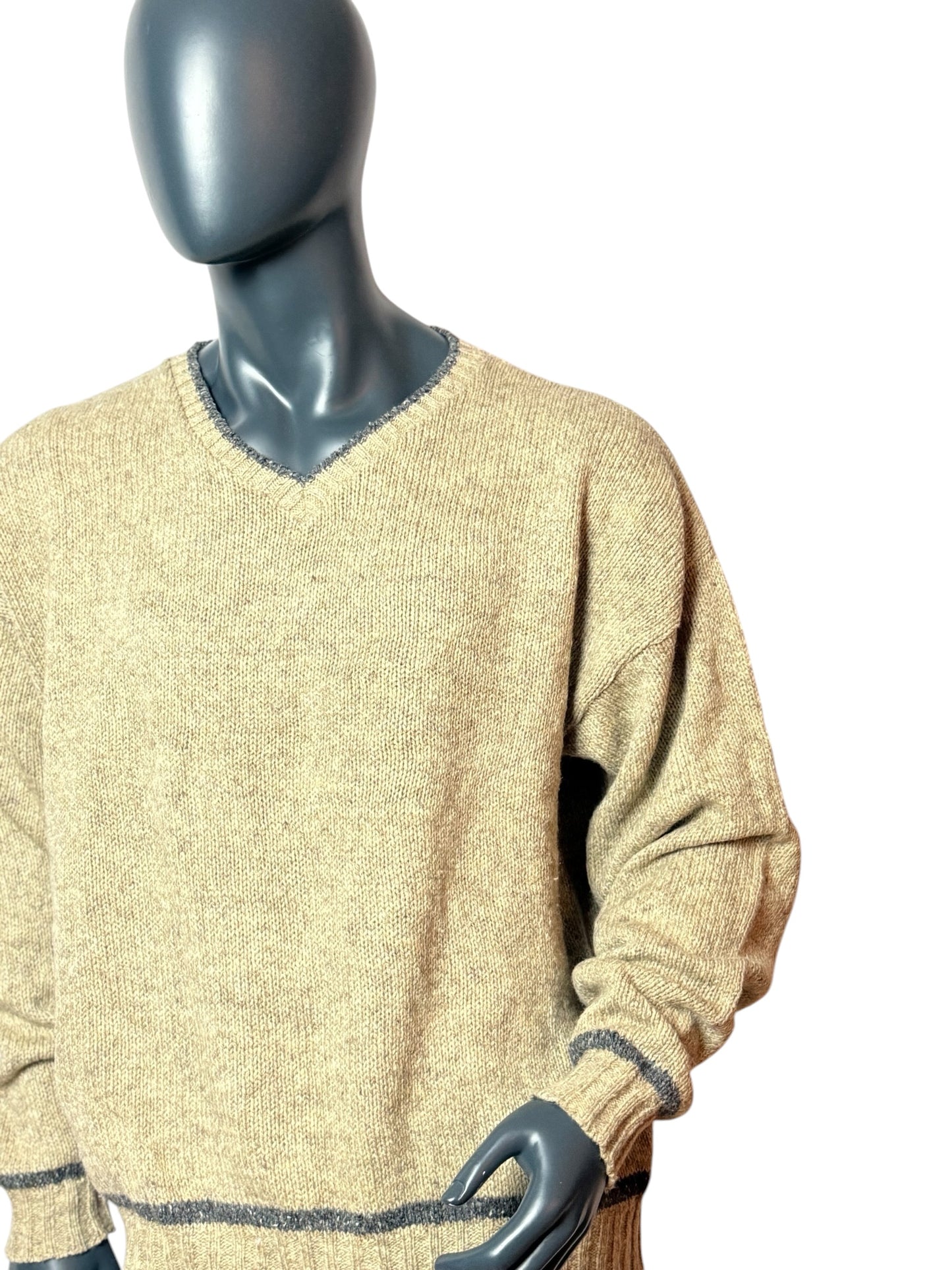Vintage Strickpullover Beige, V-Neck,  Retro Knit Sweater 90s Classic Size M