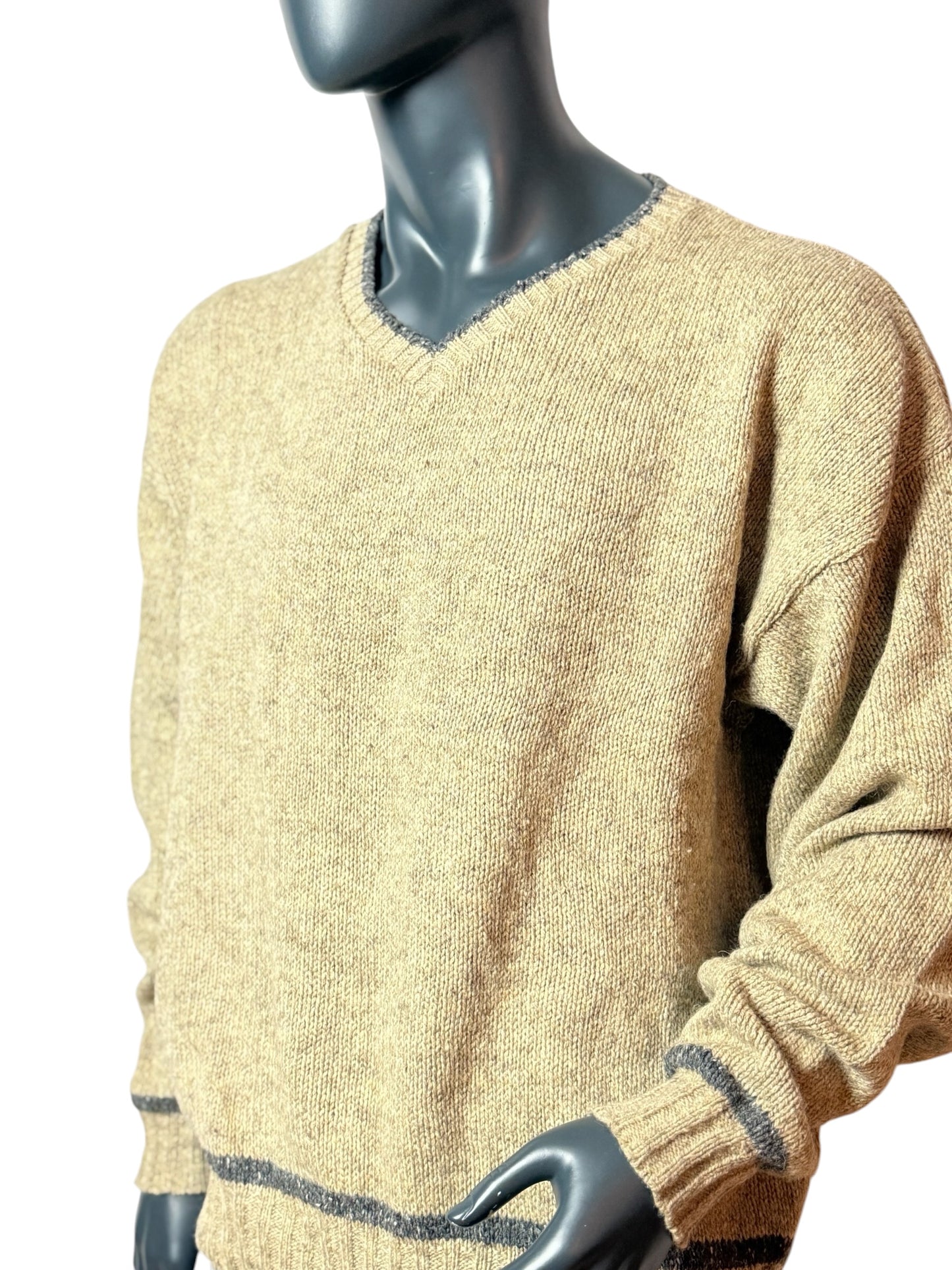 Vintage Strickpullover Beige, V-Neck,  Retro Knit Sweater 90s Classic Size M