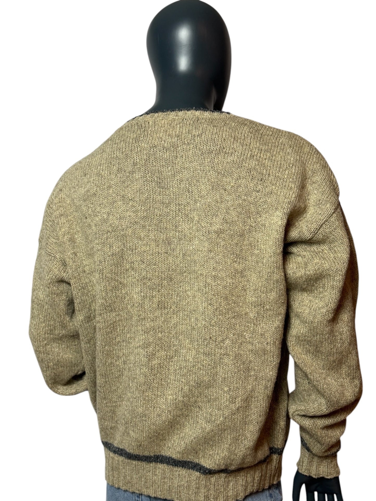 Vintage Strickpullover Beige, V-Neck,  Retro Knit Sweater 90s Classic Size M