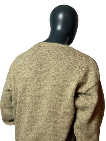 Pull en tricot vintage beige, col en V, pull rétro des années 90 classique taille M