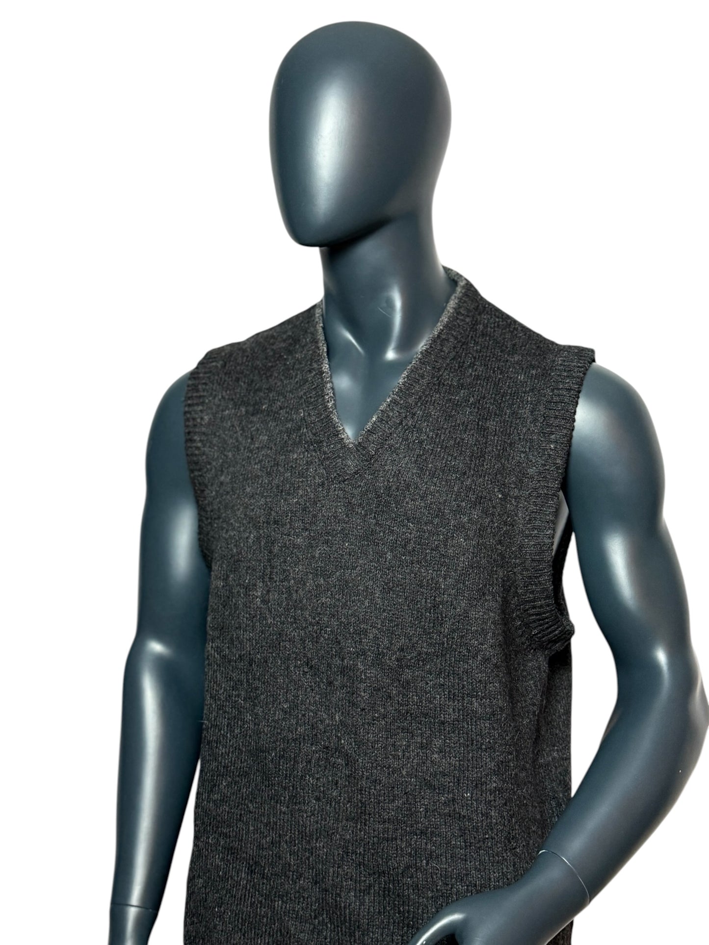 Vintage Strickweste Grau, V-Neck, Retro Knit Vest 90s Minimal Style Size XL