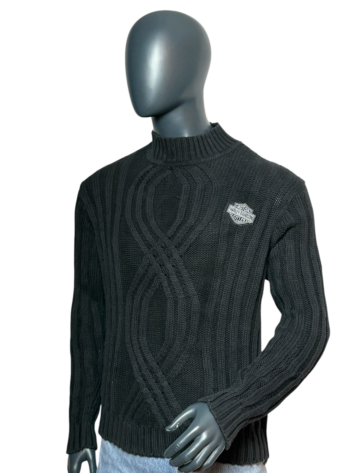 Vintage Harley-Davidson Strickpullover Schwarz, Cable Knit, Logo, Größe M, Biker Sweater