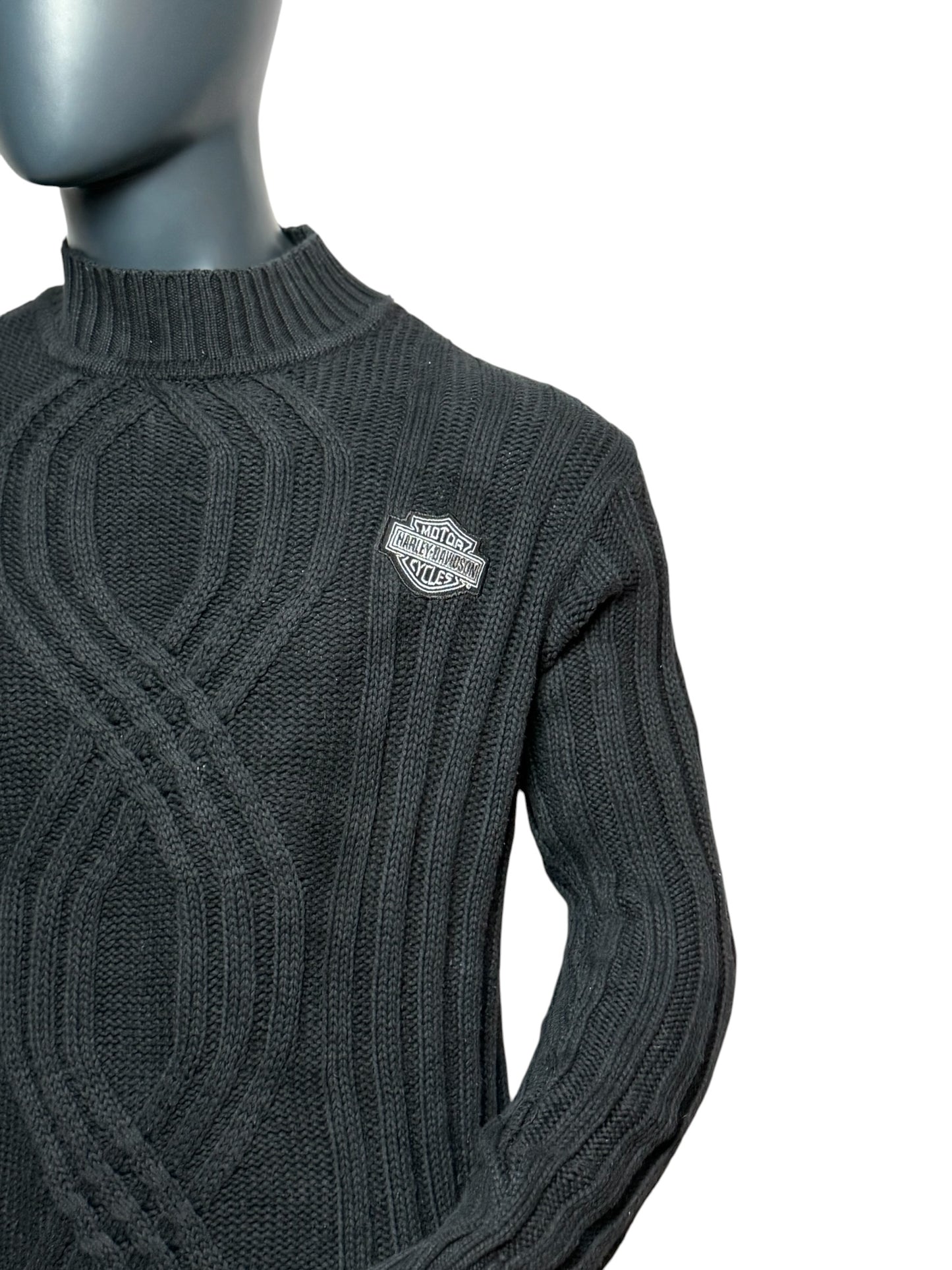 Vintage Harley-Davidson Strickpullover Schwarz, Cable Knit, Logo, Größe M, Biker Sweater