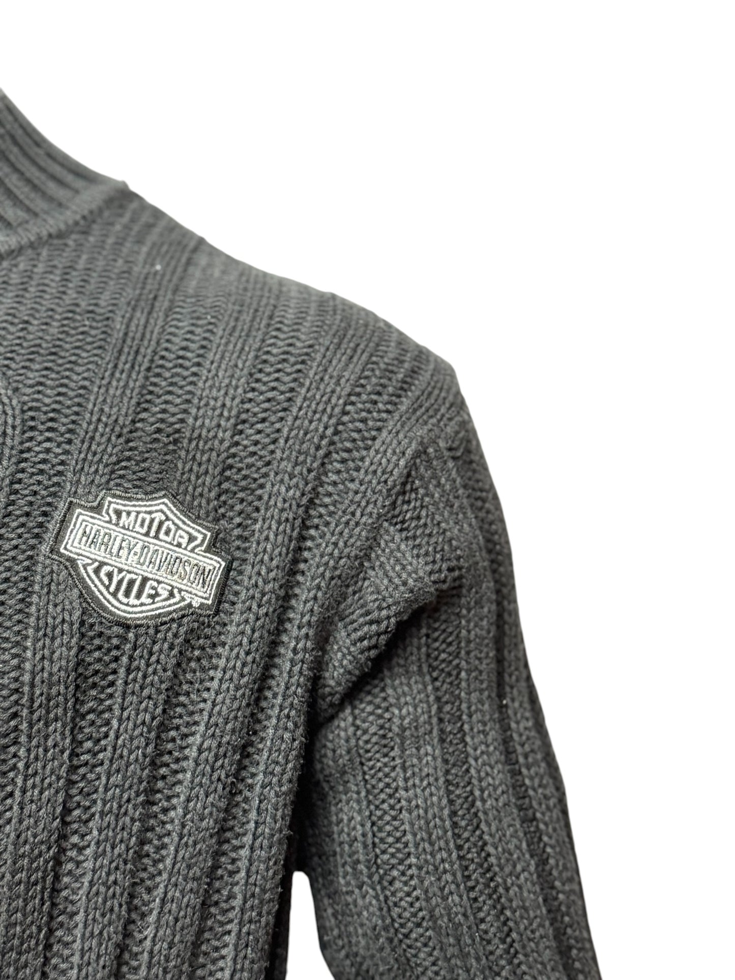 Vintage Harley-Davidson Strickpullover Schwarz, Cable Knit, Logo, Größe M, Biker Sweater