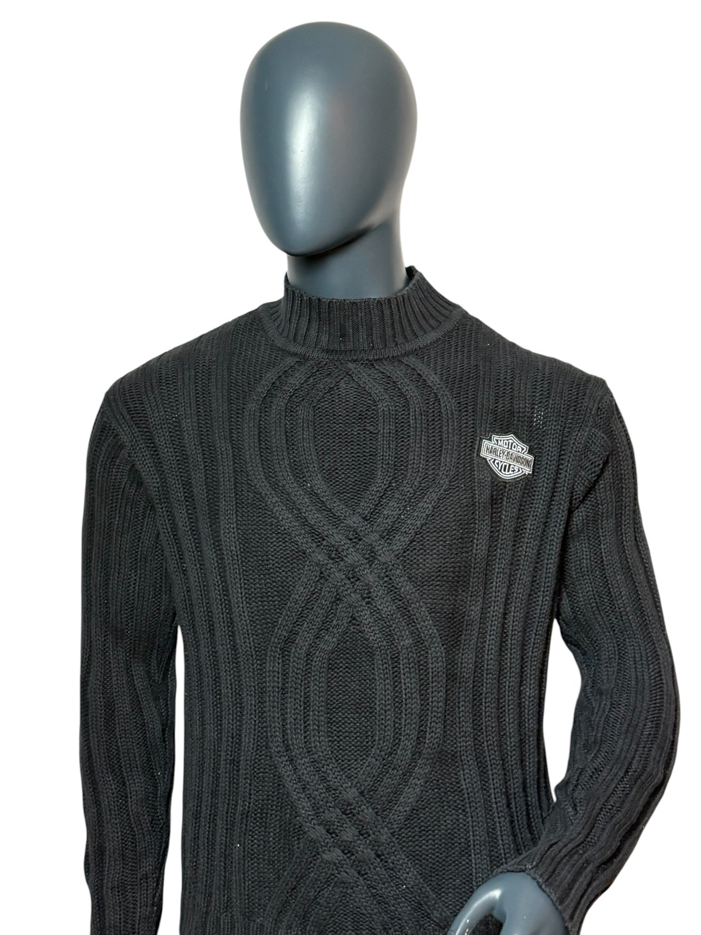 Vintage Harley-Davidson Strickpullover Schwarz, Cable Knit, Logo, Größe M, Biker Sweater