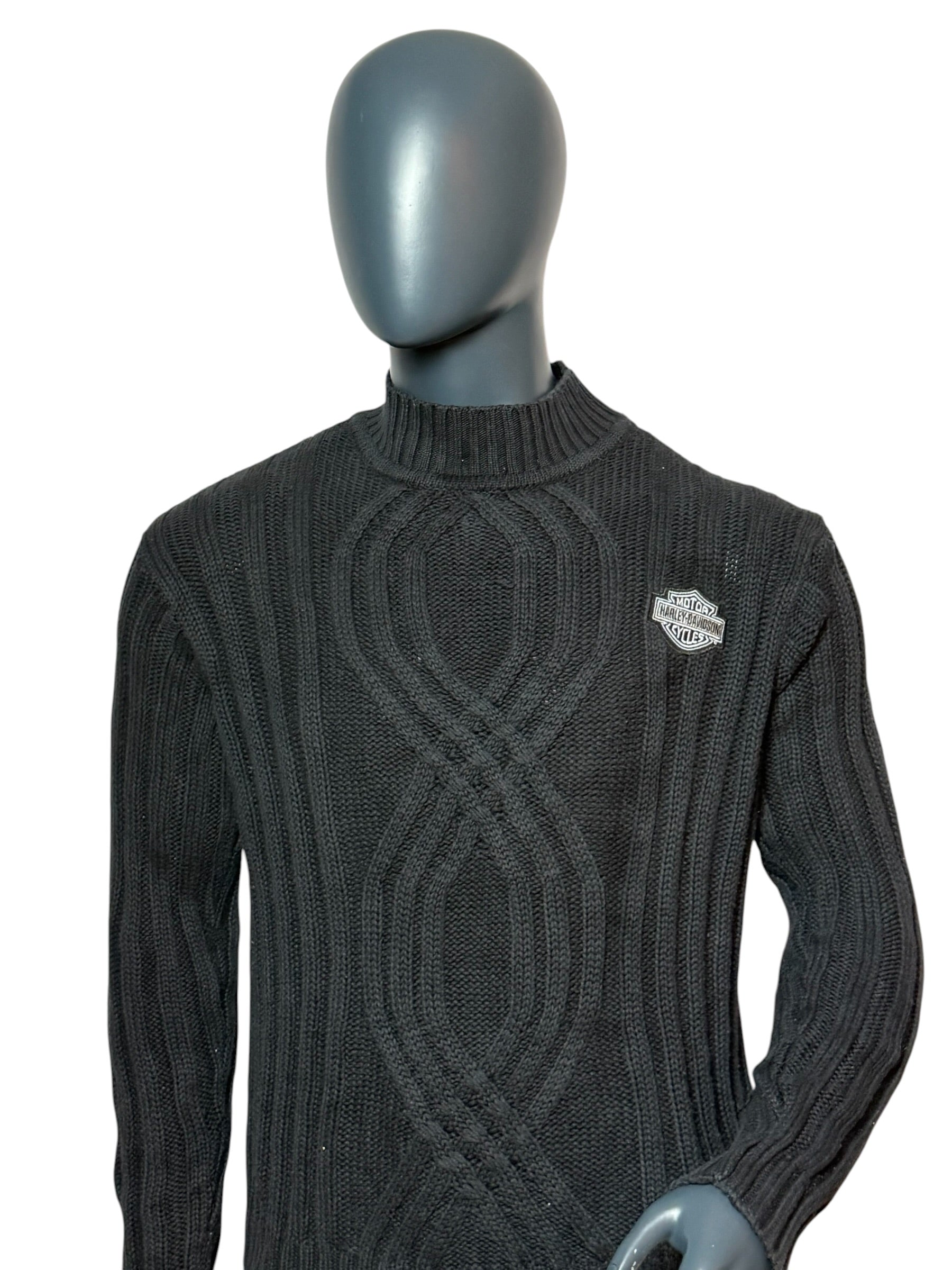 Vintage Harley-Davidson Strickpullover Schwarz, Cable Knit, Logo, Biker Sweater