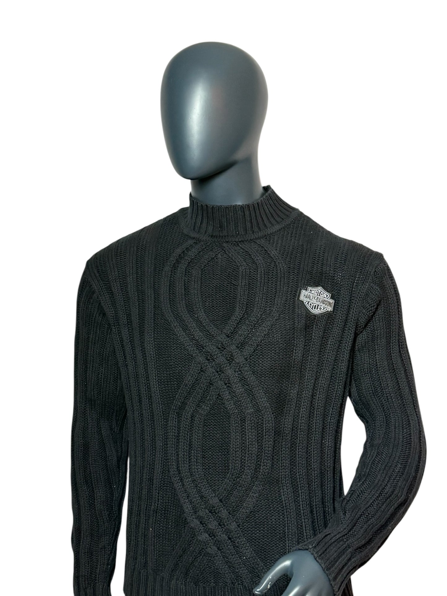 Vintage Harley-Davidson Strickpullover Schwarz, Cable Knit, Logo, Größe M, Biker Sweater