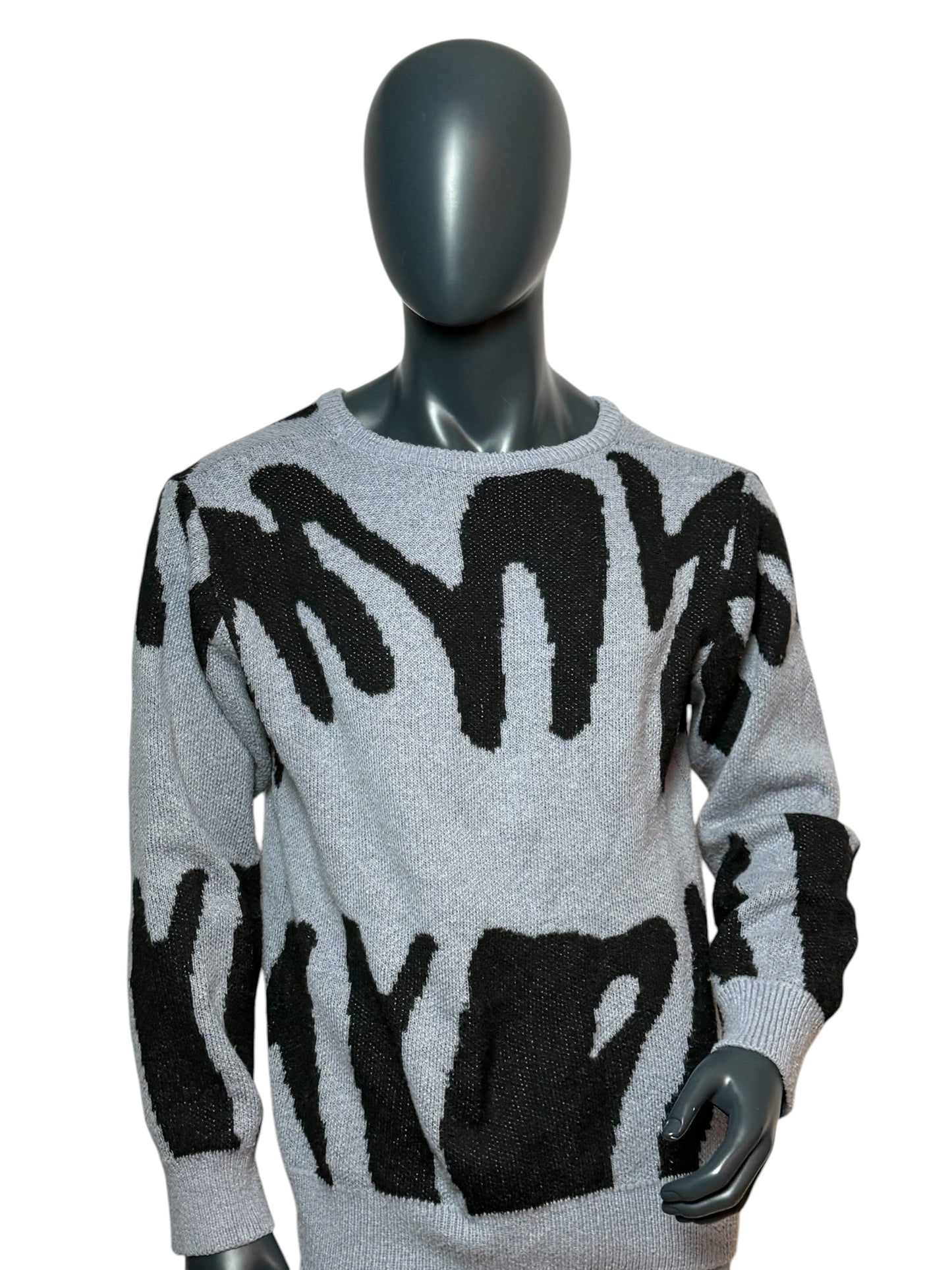 Vintage Abstract Knit Sweater Grau/Schwarz, Pattern, 90s, Unisex, Size L