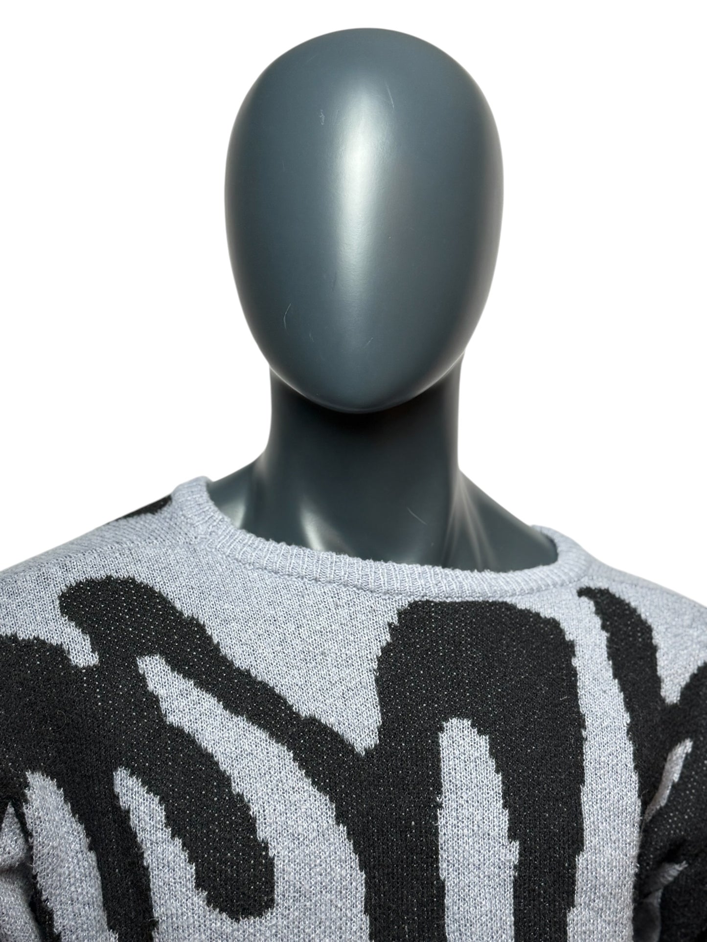Vintage Abstract Knit Sweater Grau/Schwarz, Pattern, 90s, Unisex, Size L