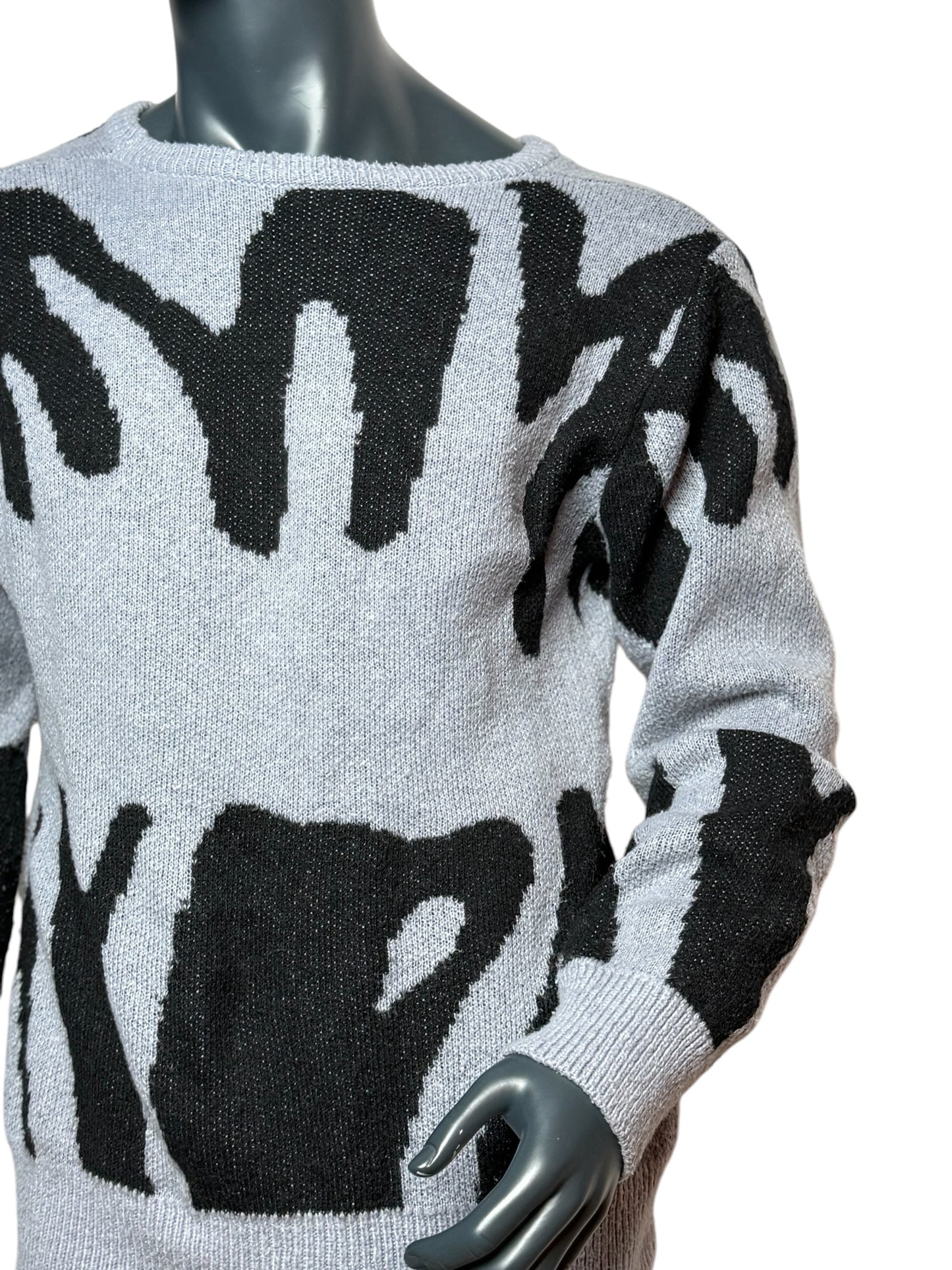 Vintage Abstract Knit Sweater Grau/Schwarz, Pattern, 90s, Unisex, Size L
