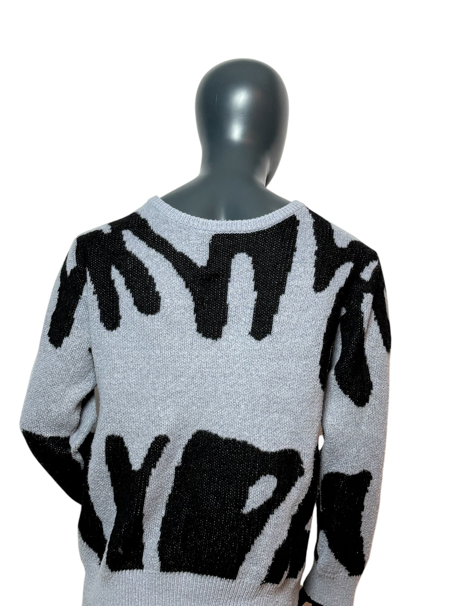 Vintage Abstract Knit Sweater Grau/Schwarz, Pattern, 90s, Unisex, Size L