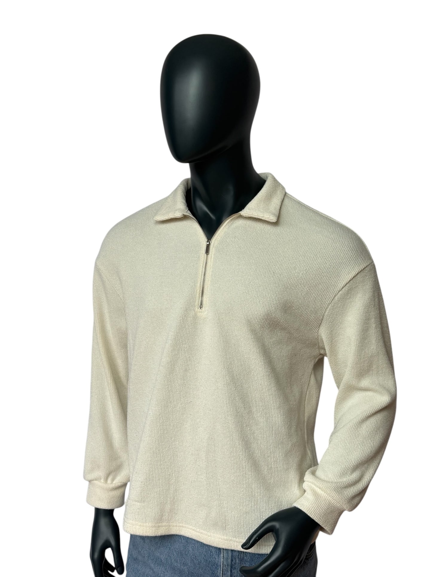 Vintage Half Zip Knit Sweater, Minimal Clean, Beige/Cream, 90s Retro Style, Size L