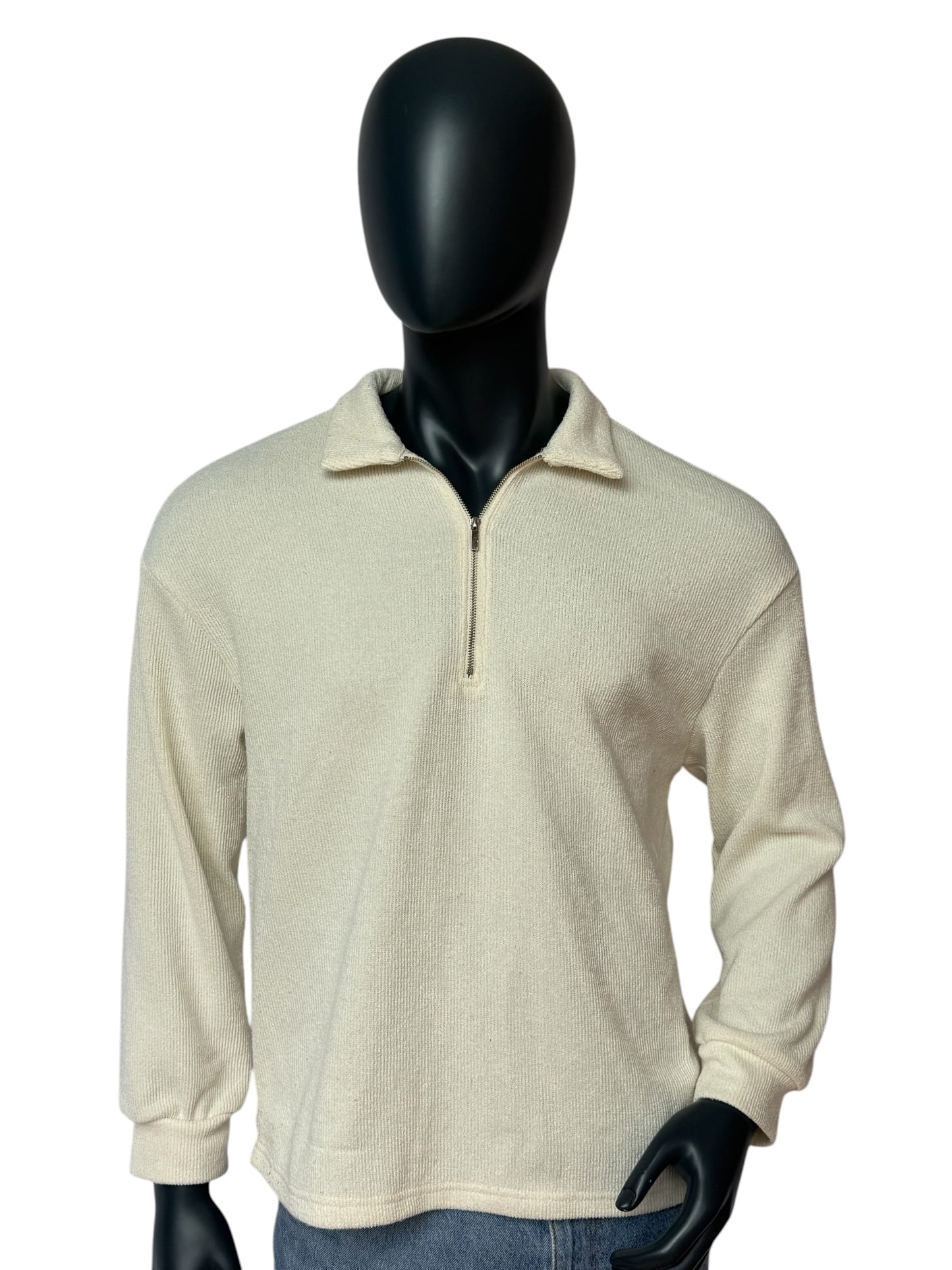 Vintage Half Zip Knit Sweater, Minimal Clean, Beige/Cream, 90s Retro Style, Size L