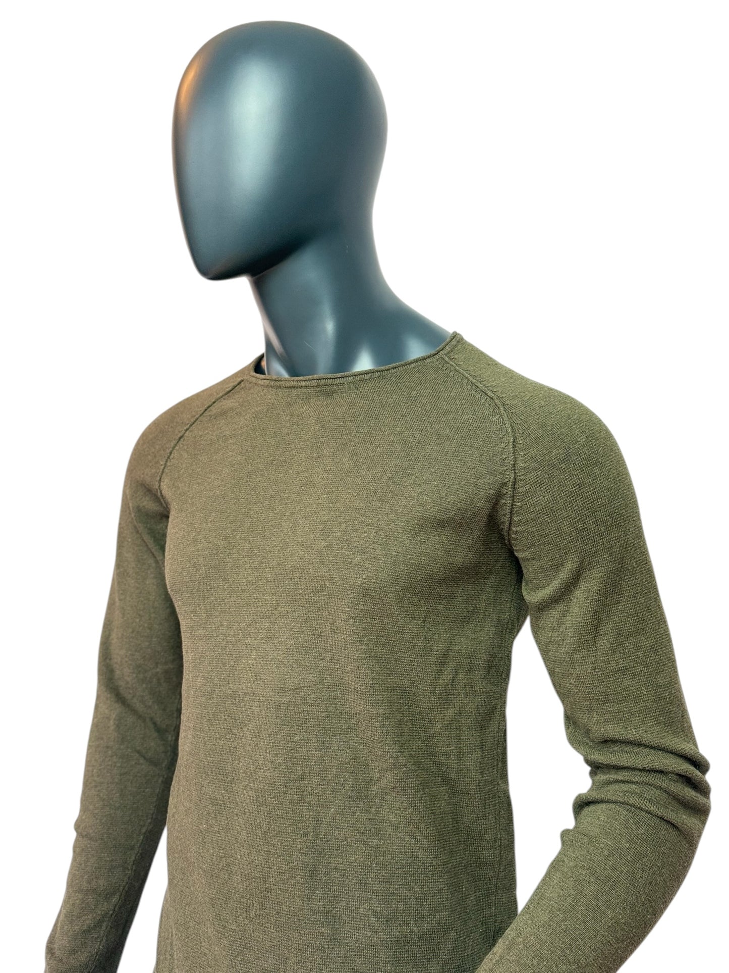 Vintage Knit Sweater Olive Green, Minimal Basic, 90s, Slim Fit, Size M