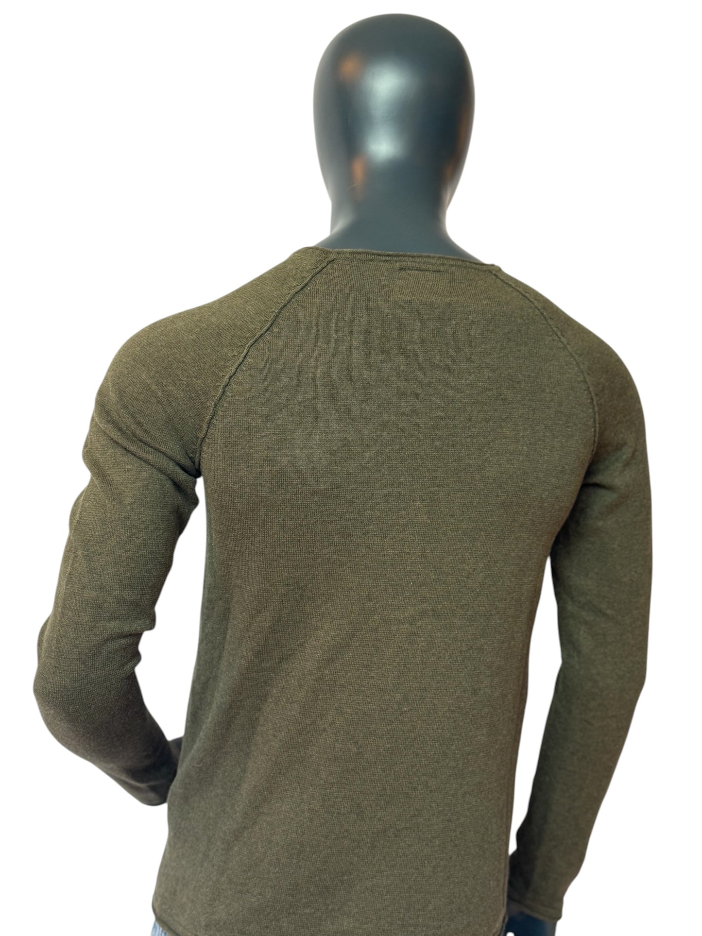 Vintage Knit Sweater Olive Green, Minimal Basic, 90s, Slim Fit, Size M