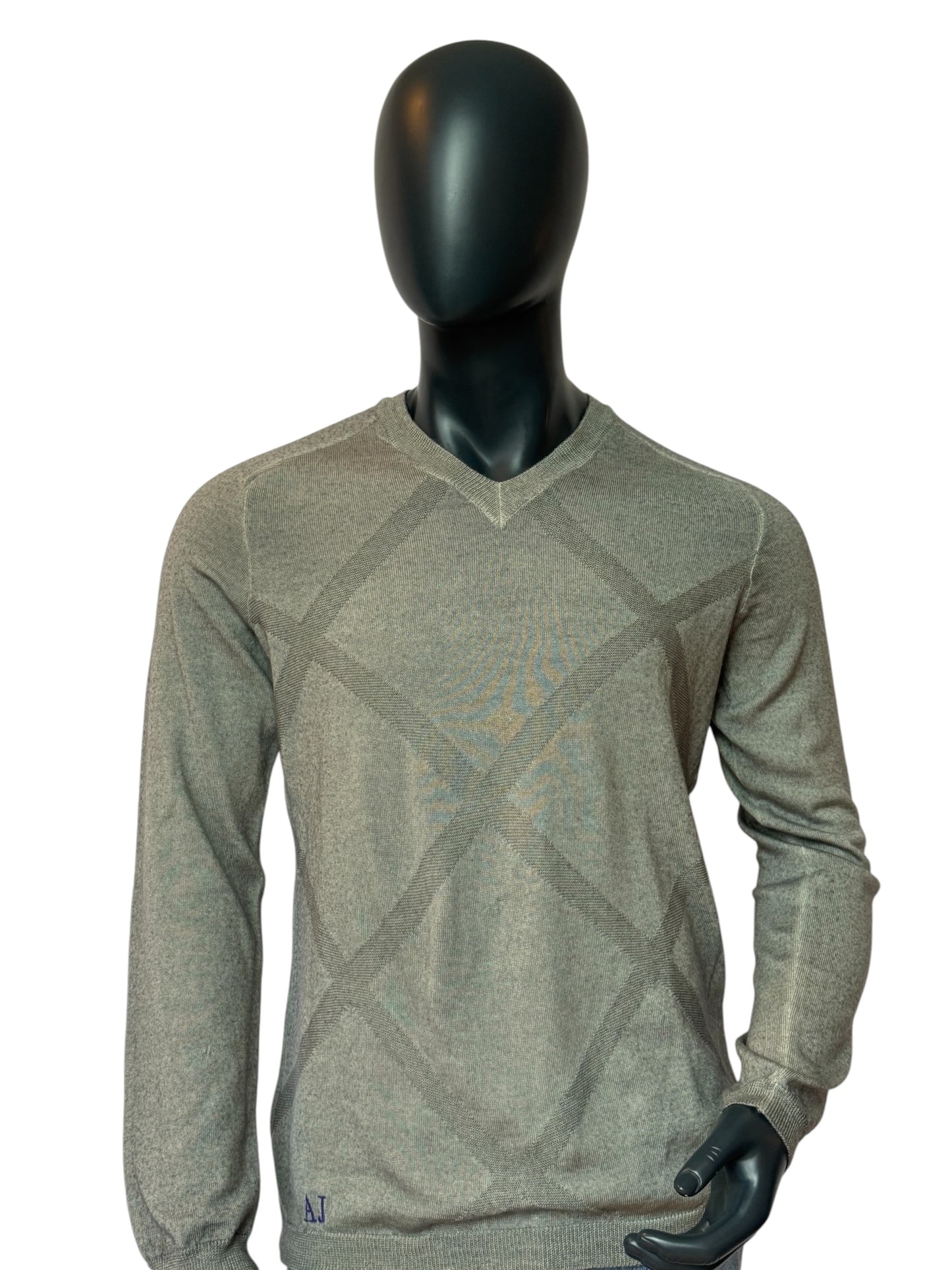 ARMANI JEANS Vintage Style Knit Sweater Grey, Pattern Design, V-Neck, Slim Fit, Size XL
